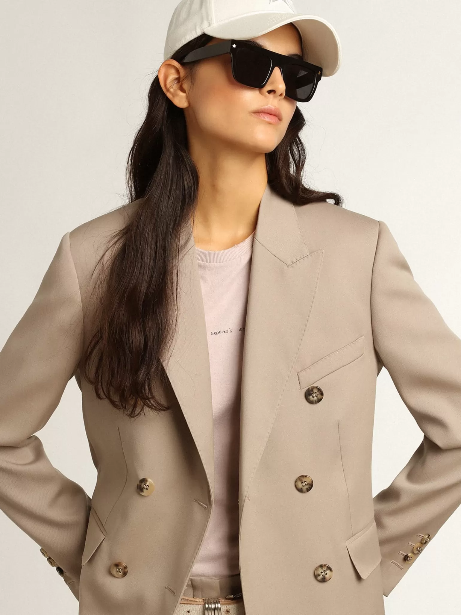 Online Blazer de abotoamento duplo de gabardine de lã bege claro MULHER Blazers