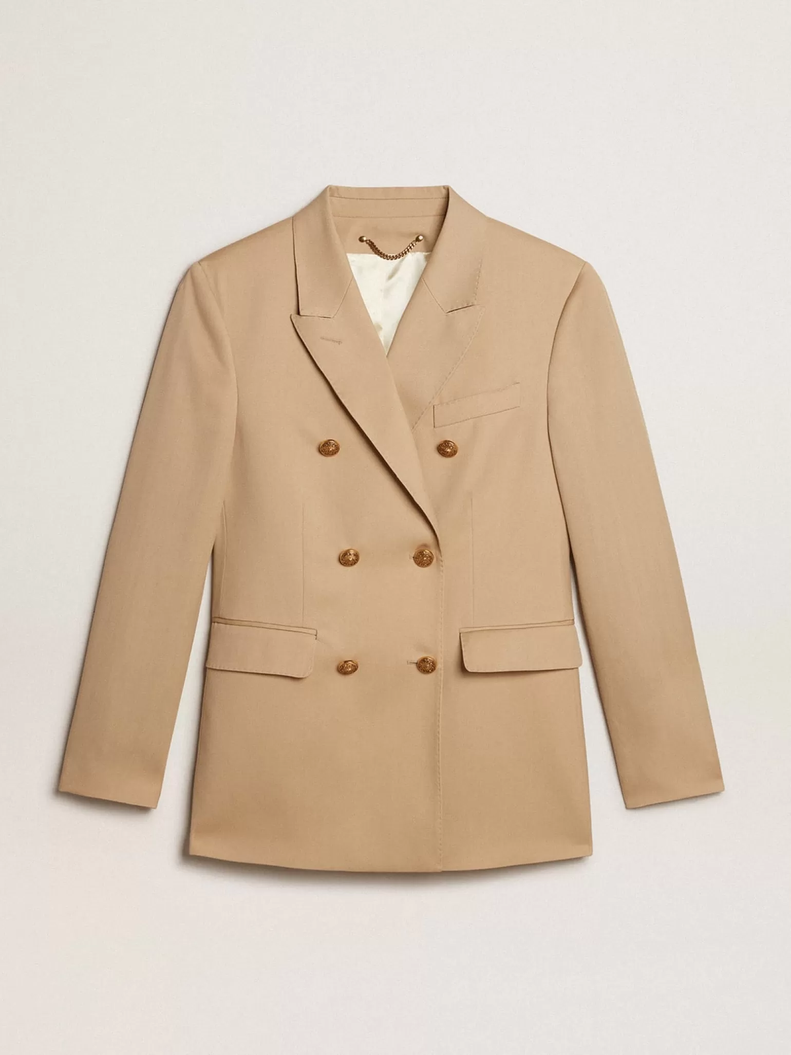 Store Blazer de abotoamento duplo feminino cor areia com botões heráldicos dourados MULHER Blazers