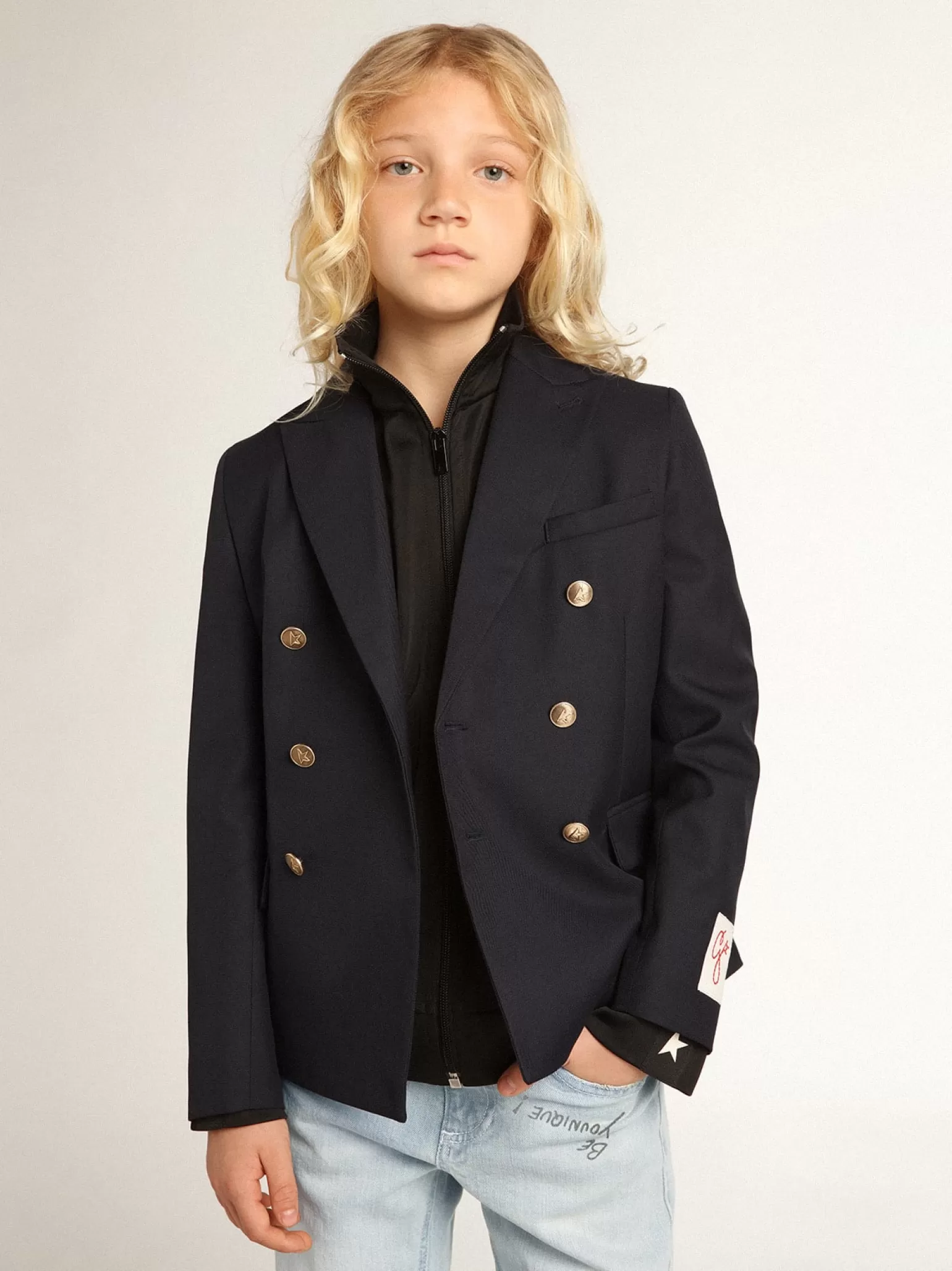 Flash Sale Blazer de abotoamento duplo infantil masculino azul-escuro com botões Roupas de cima (4-12 years) | Roupas de cima (4-12 years)