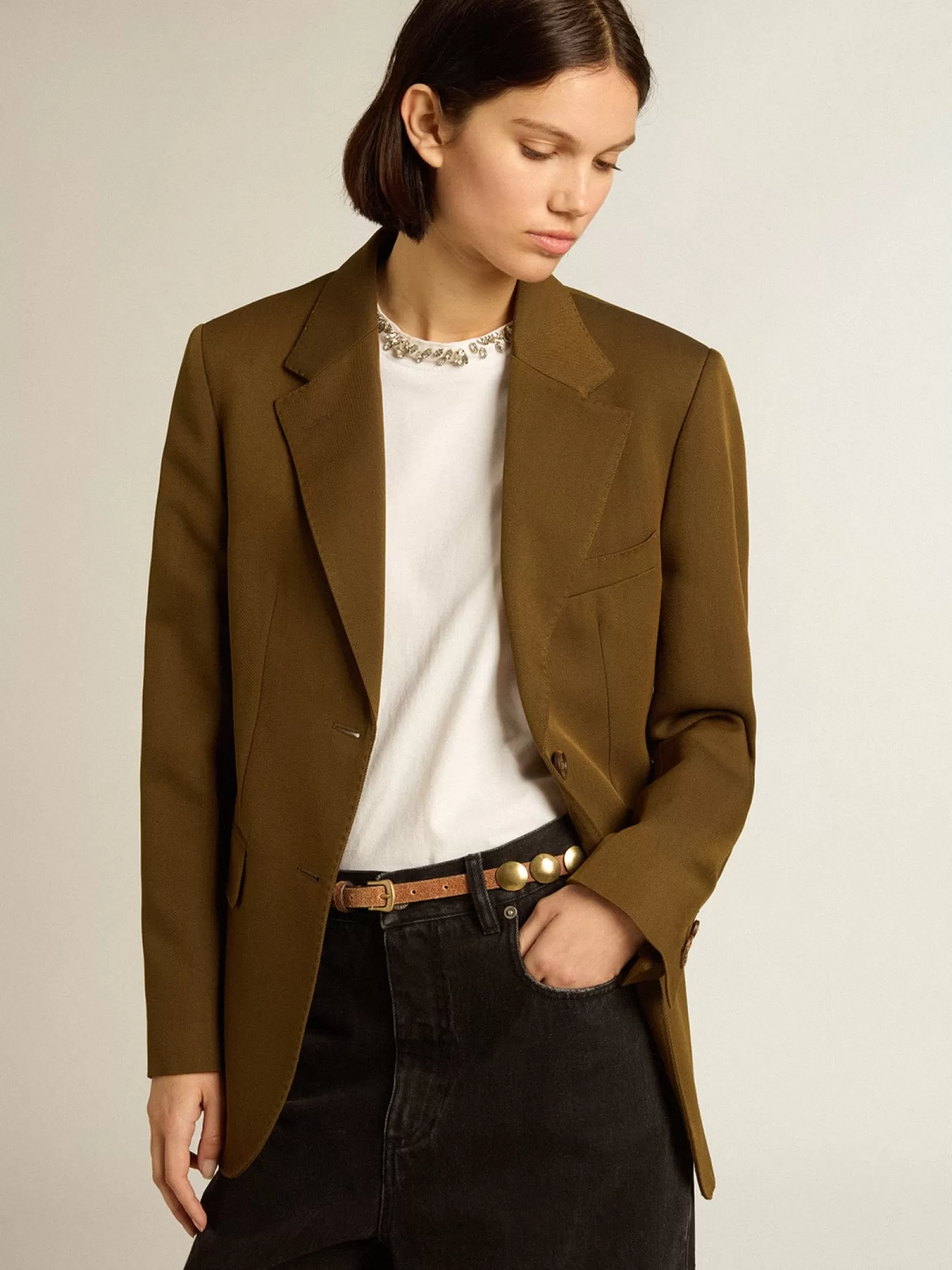 Discount Blazer de abotoamento simples de lã cor de faia com botões de chifre MULHER Casacos e blusões
