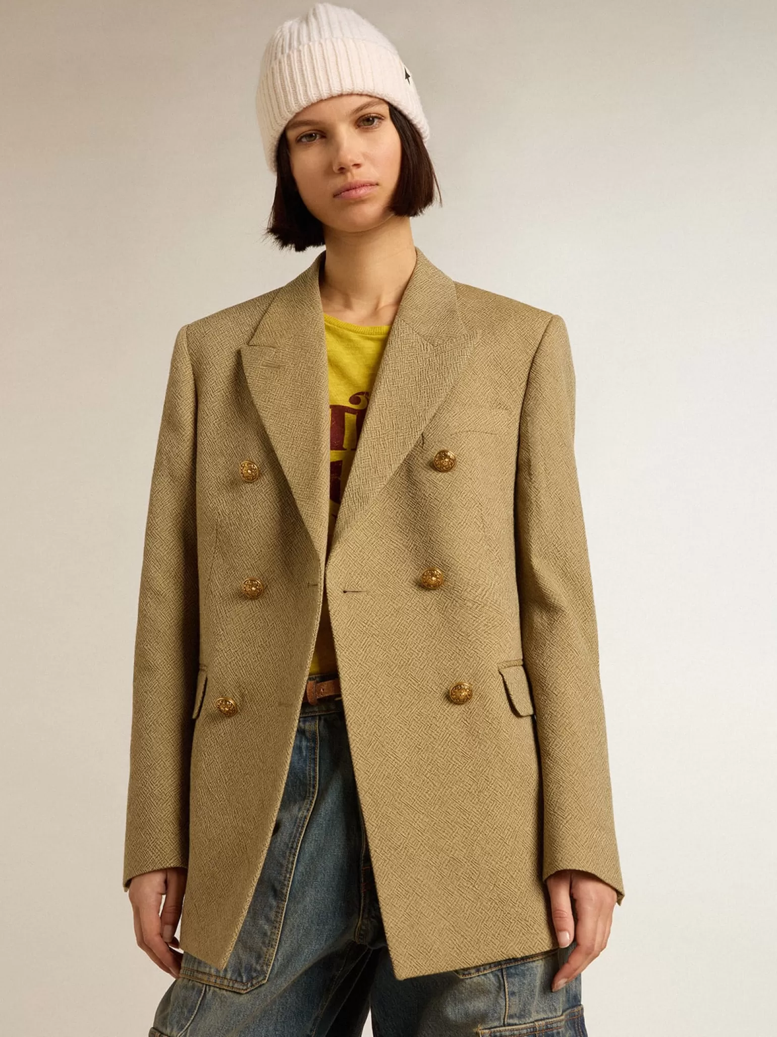 Sale Blazer feminino de abotoamento duplo de lã cor de faia clara MULHER Blazers