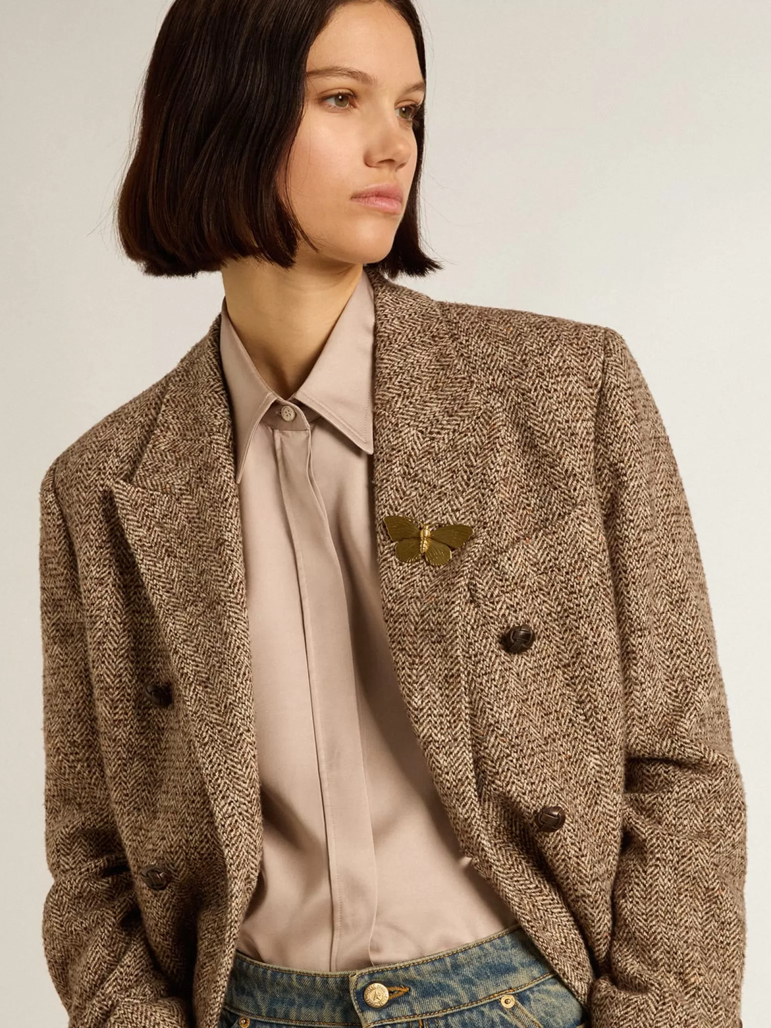 Outlet Blazer feminino de abotoamento duplo marrom com fecho com botões MULHER Blazers
