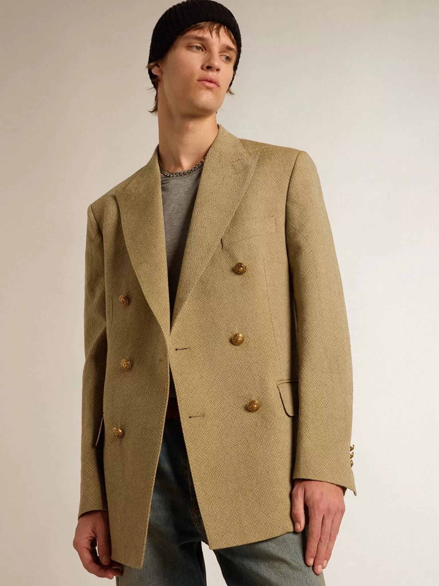 Sale Blazer masculino de abotoamento duplo de lã cor de faia clara Blazers