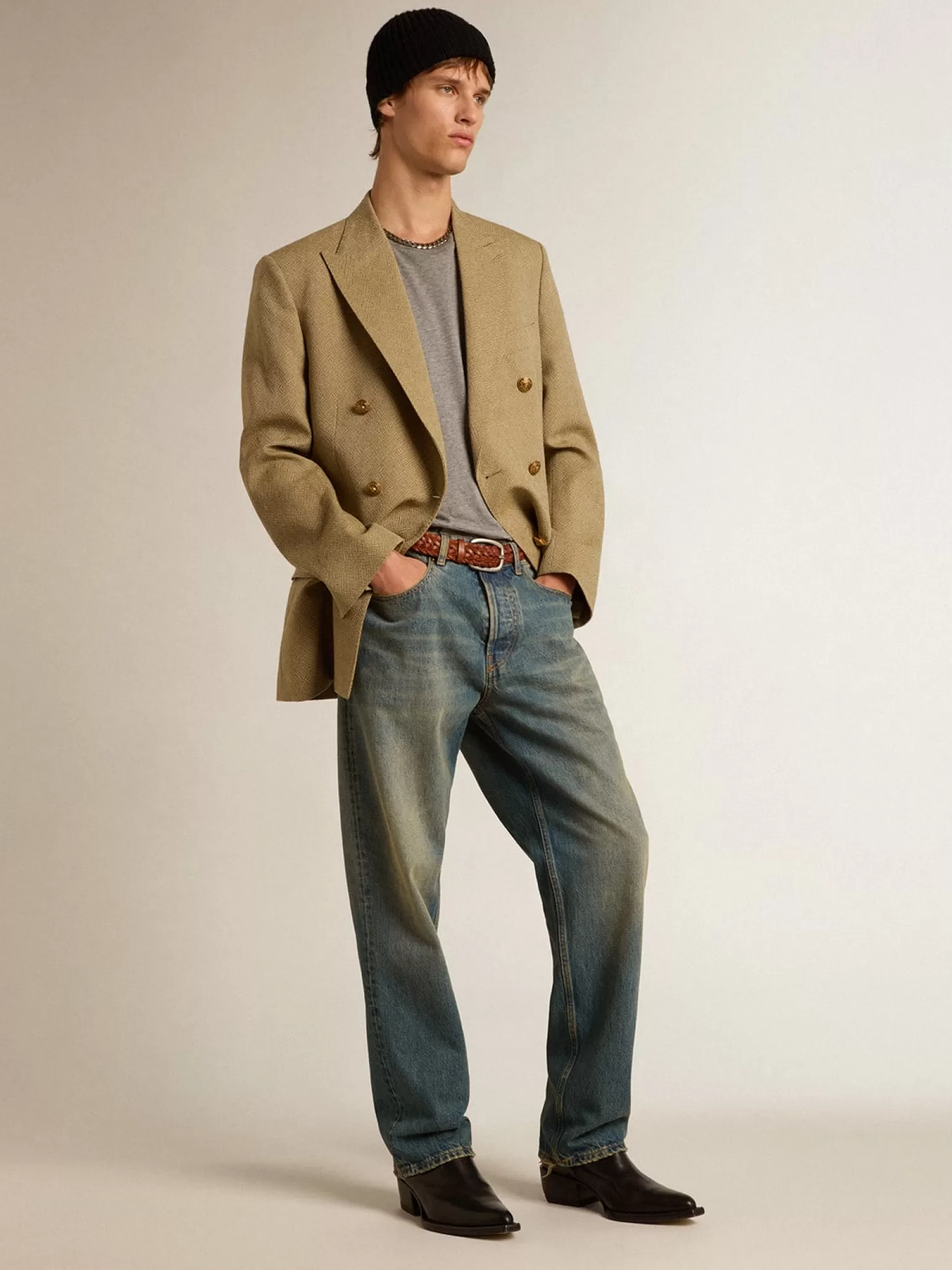 Sale Blazer masculino de abotoamento duplo de lã cor de faia clara Blazers