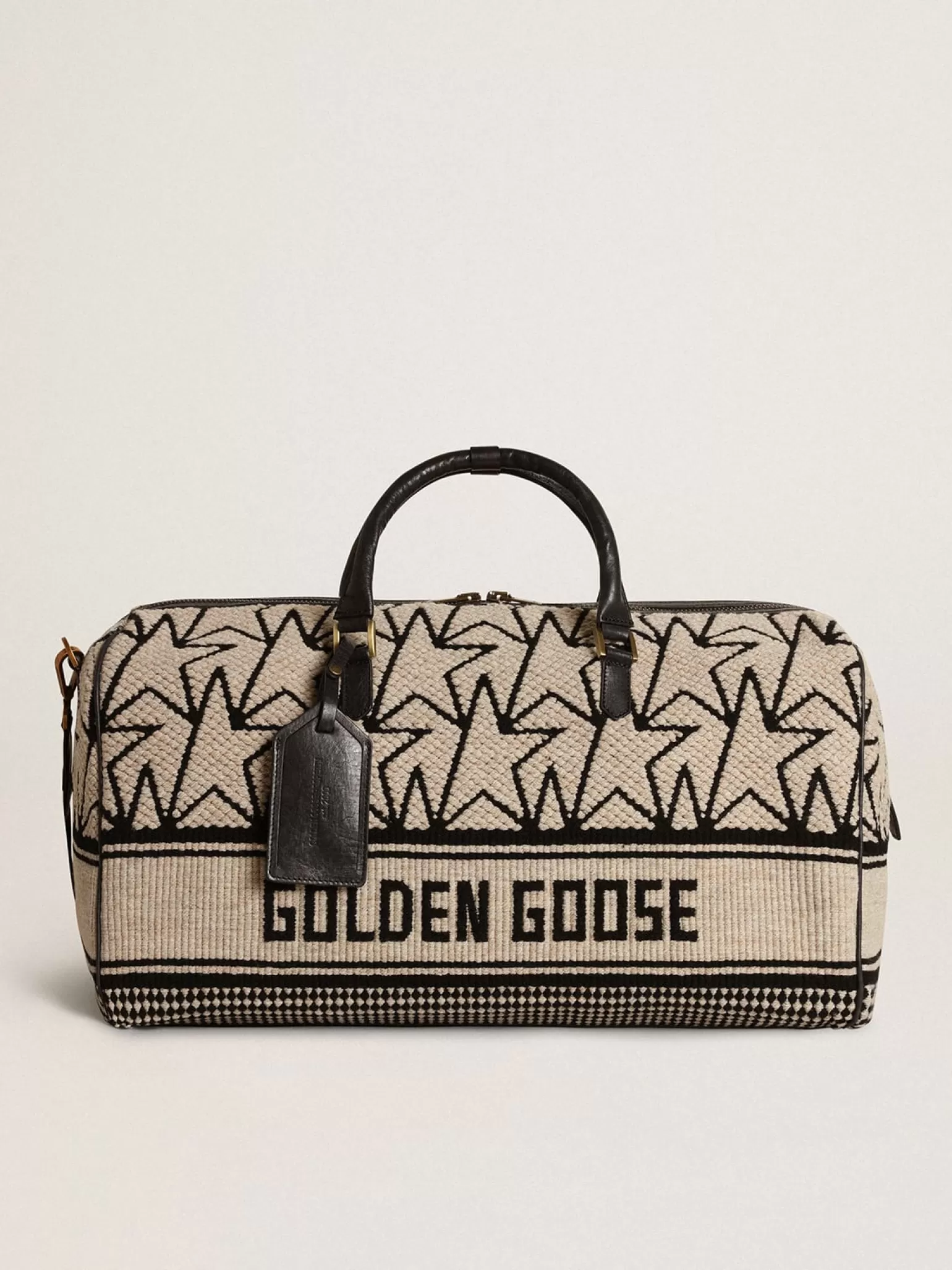 Hot Bolsa de viagem masculina de lã jacquard branco-leite e escrita preta Bolsas de viagem