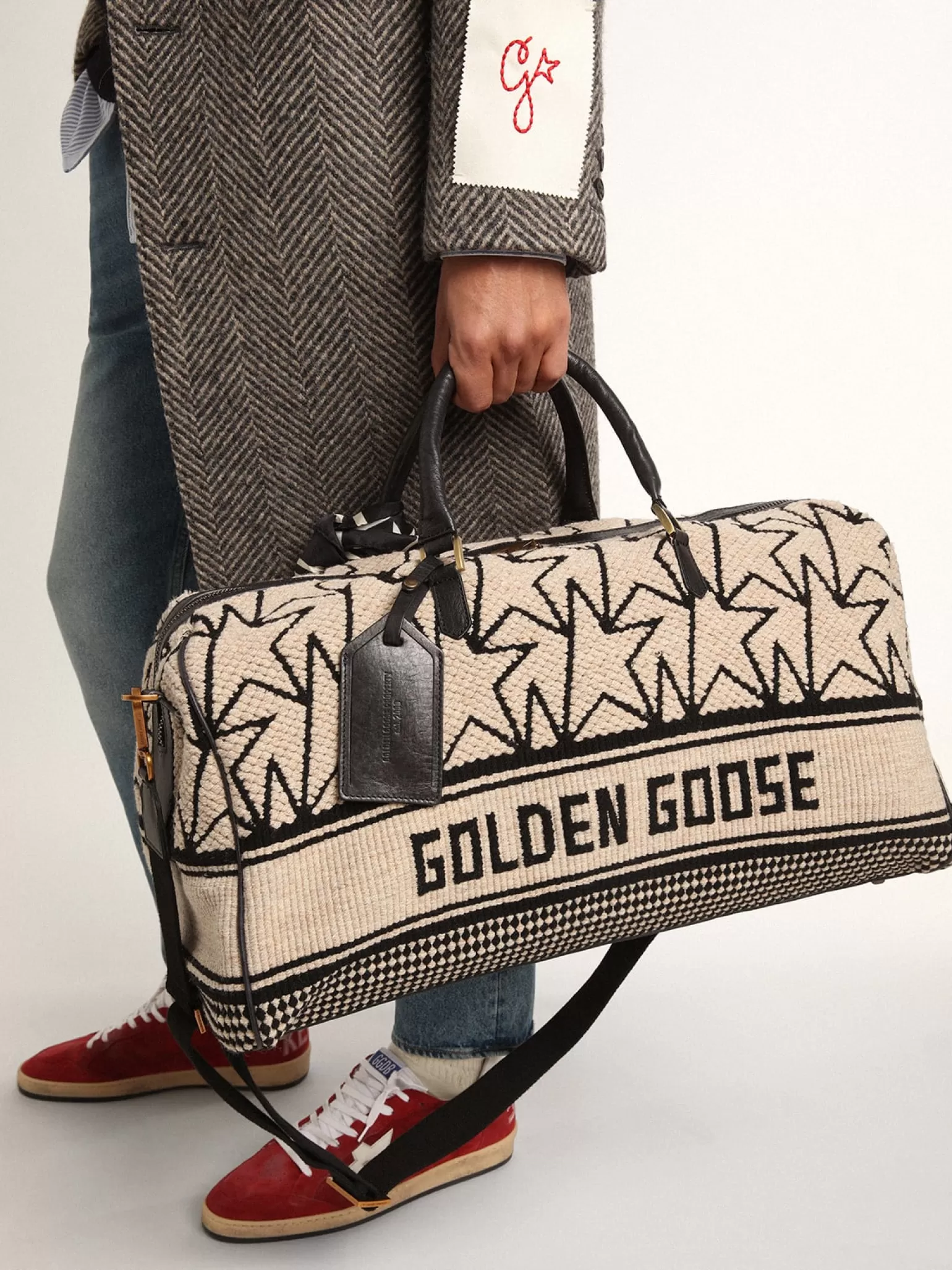 Hot Bolsa de viagem masculina de lã jacquard branco-leite e escrita preta Bolsas de viagem