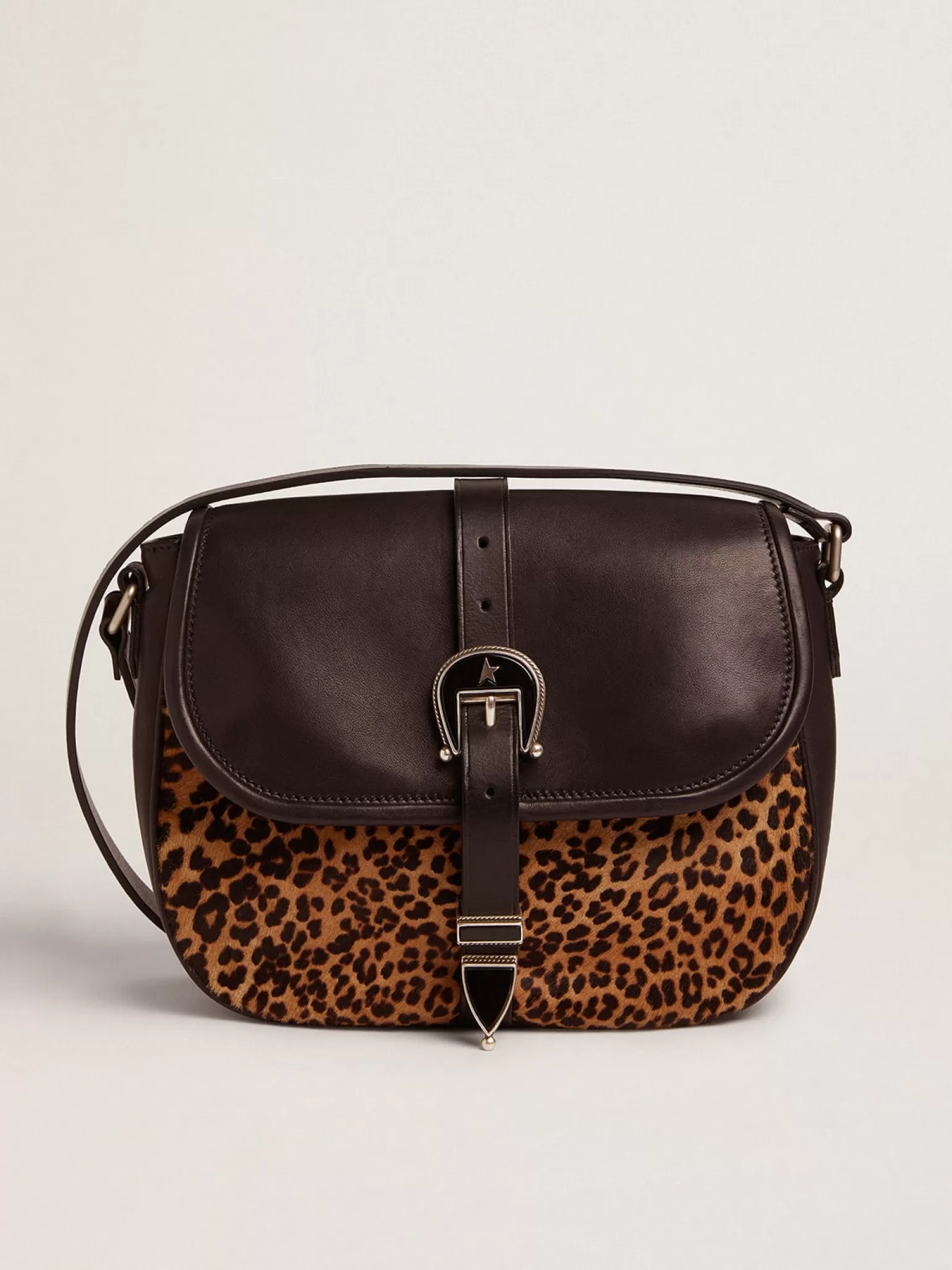 Best Sale Bolsa Rodeo média de couro preto e cavalinho com estampa de leopardo MULHER Bolsas tiracolo