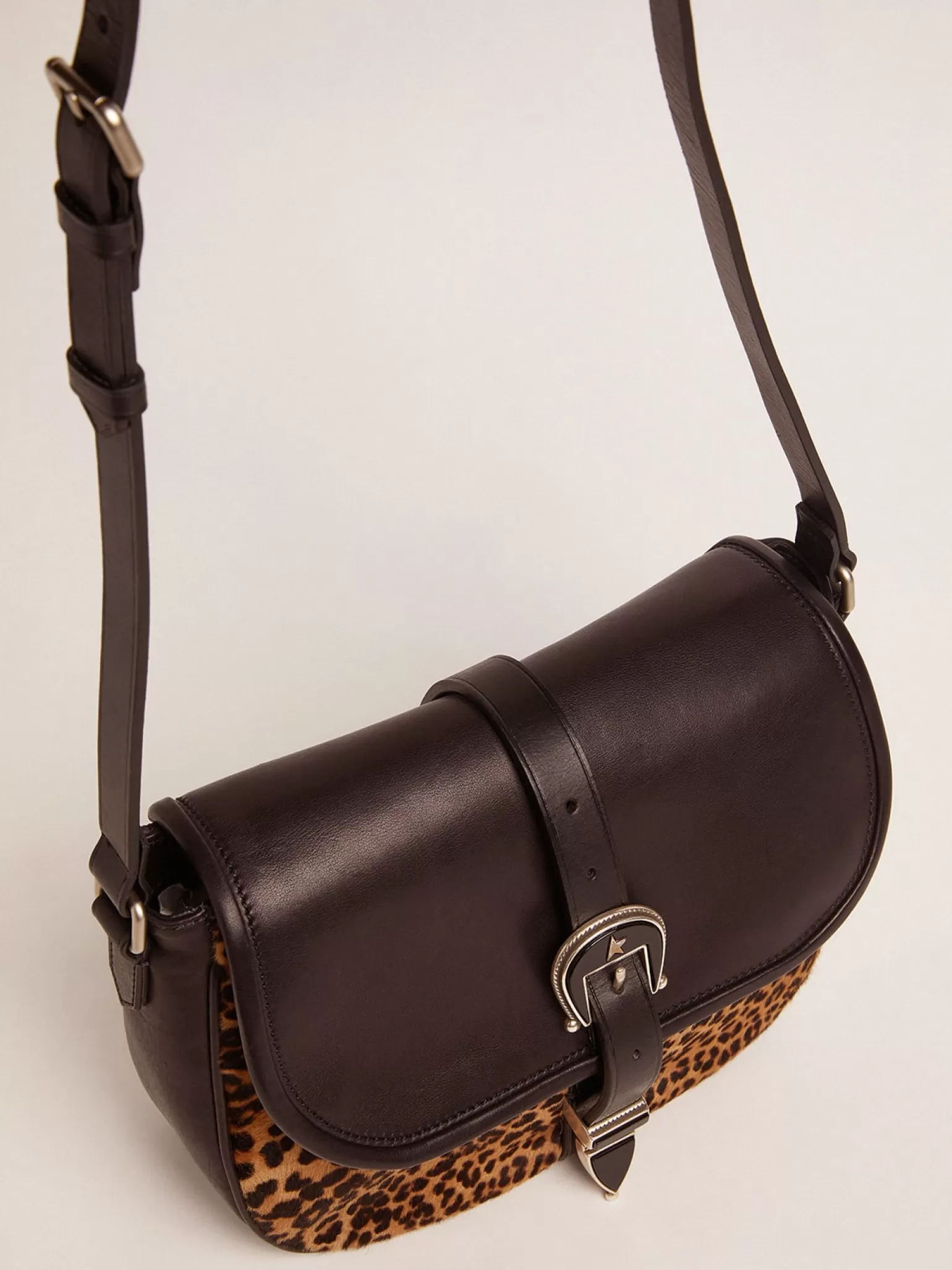 Best Sale Bolsa Rodeo média de couro preto e cavalinho com estampa de leopardo MULHER Bolsas tiracolo
