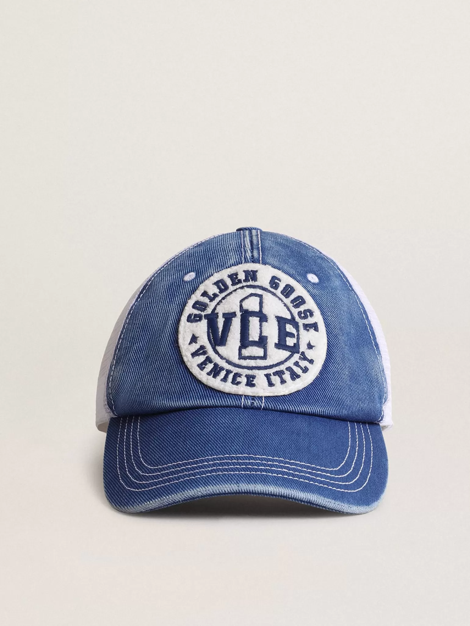 Fashion Boné vintage de algodão azul com tela branca e patch na frente MULHER Chapéus e bonés | Beachwear