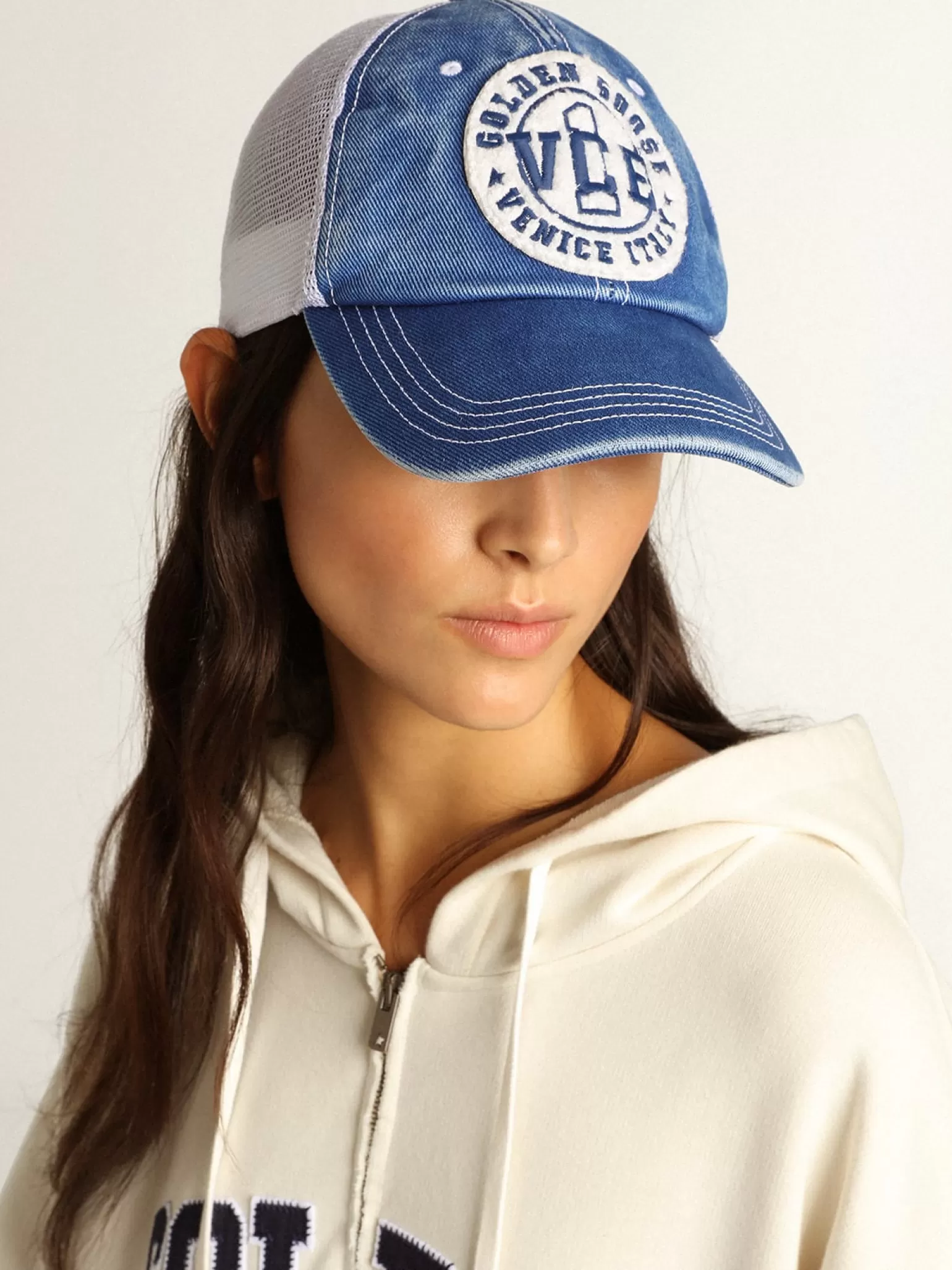 Fashion Boné vintage de algodão azul com tela branca e patch na frente MULHER Chapéus e bonés | Beachwear