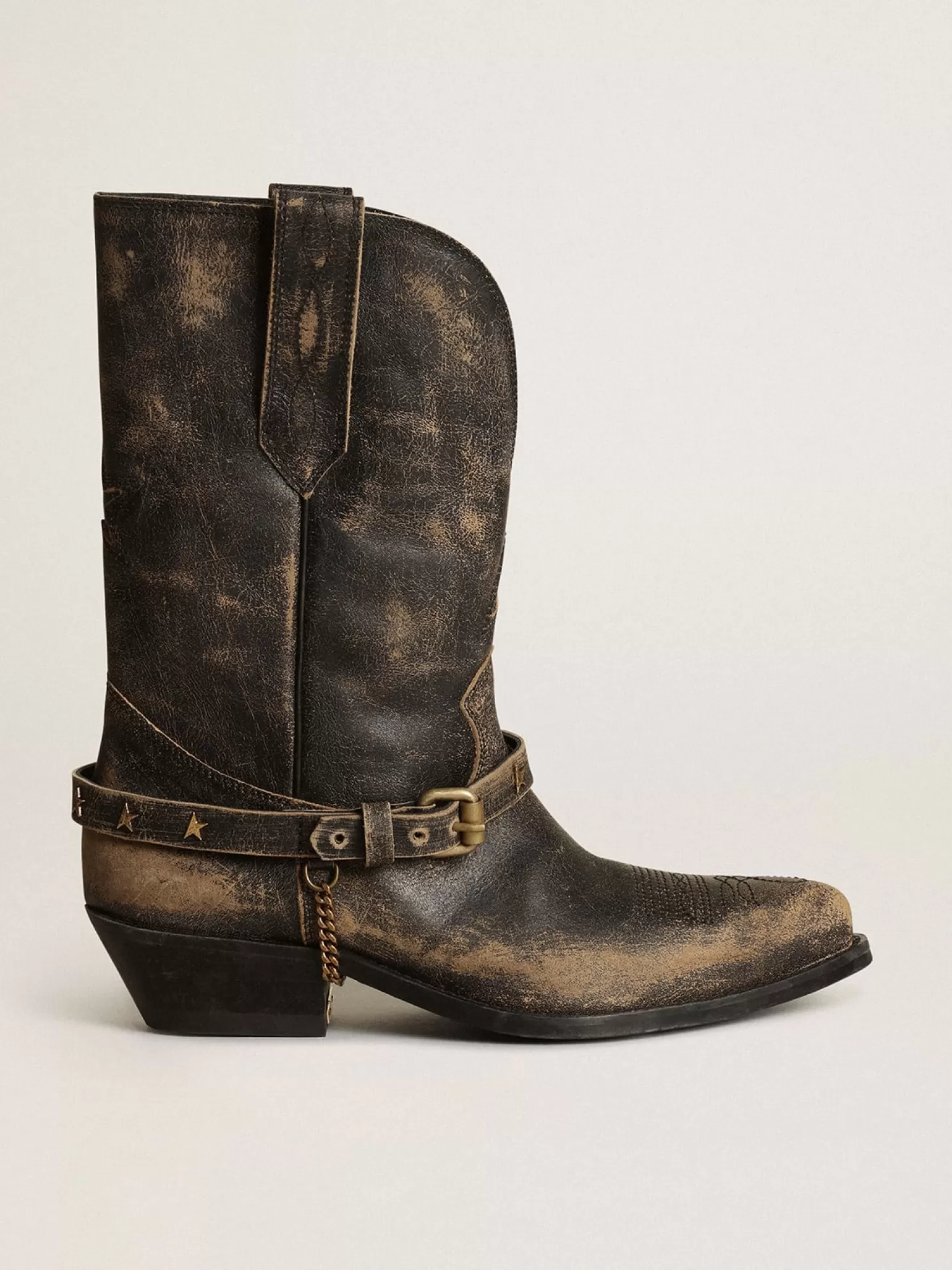 Cheap Bota de cano baixo feminina de couro preto brilhante com corrente MULHER Botas