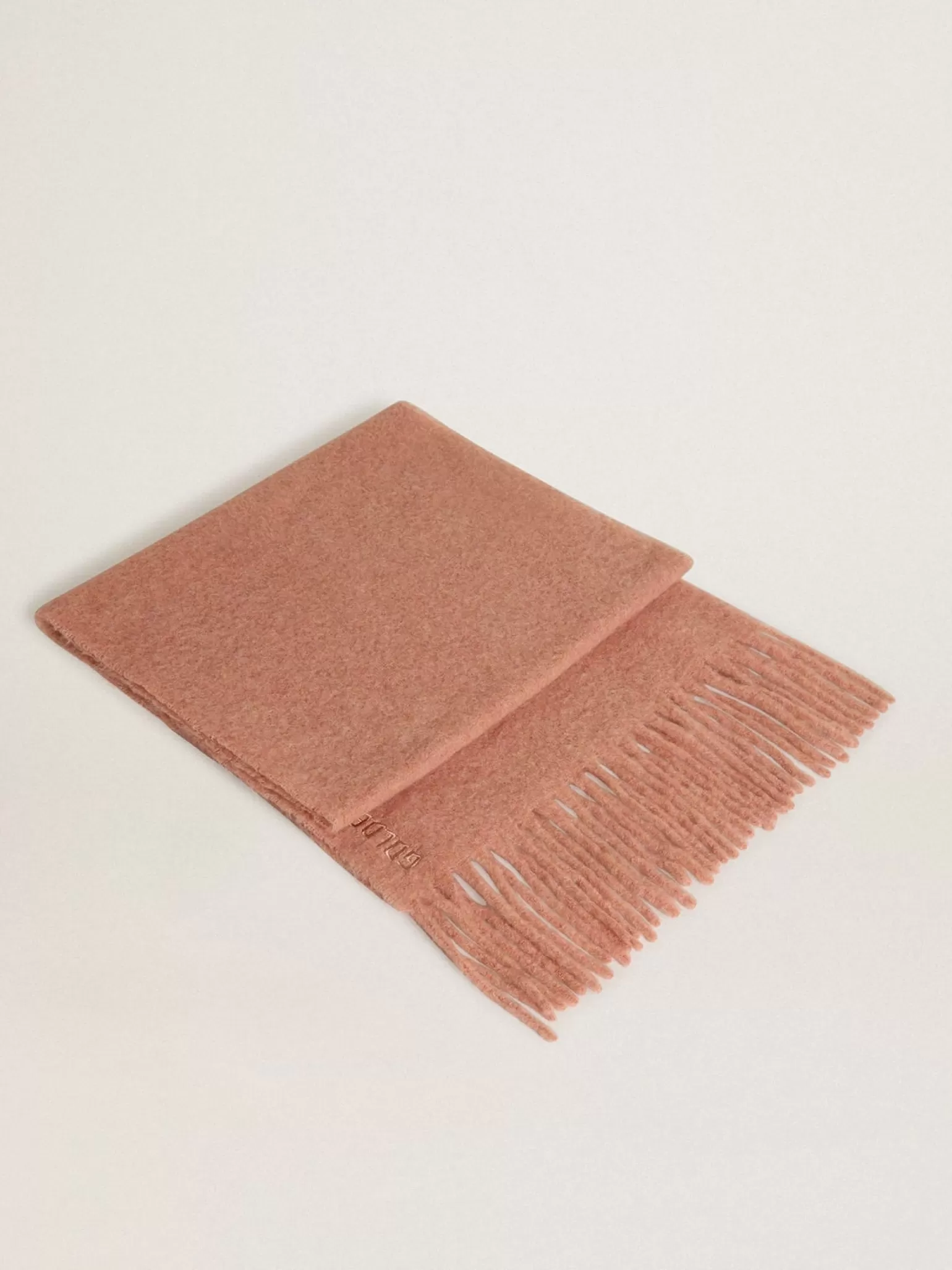 Outlet Cachecol de lã rosa pálido com franjas e inscrição Golden MULHER Sedas e Echarpes | Sedas e Echarpes