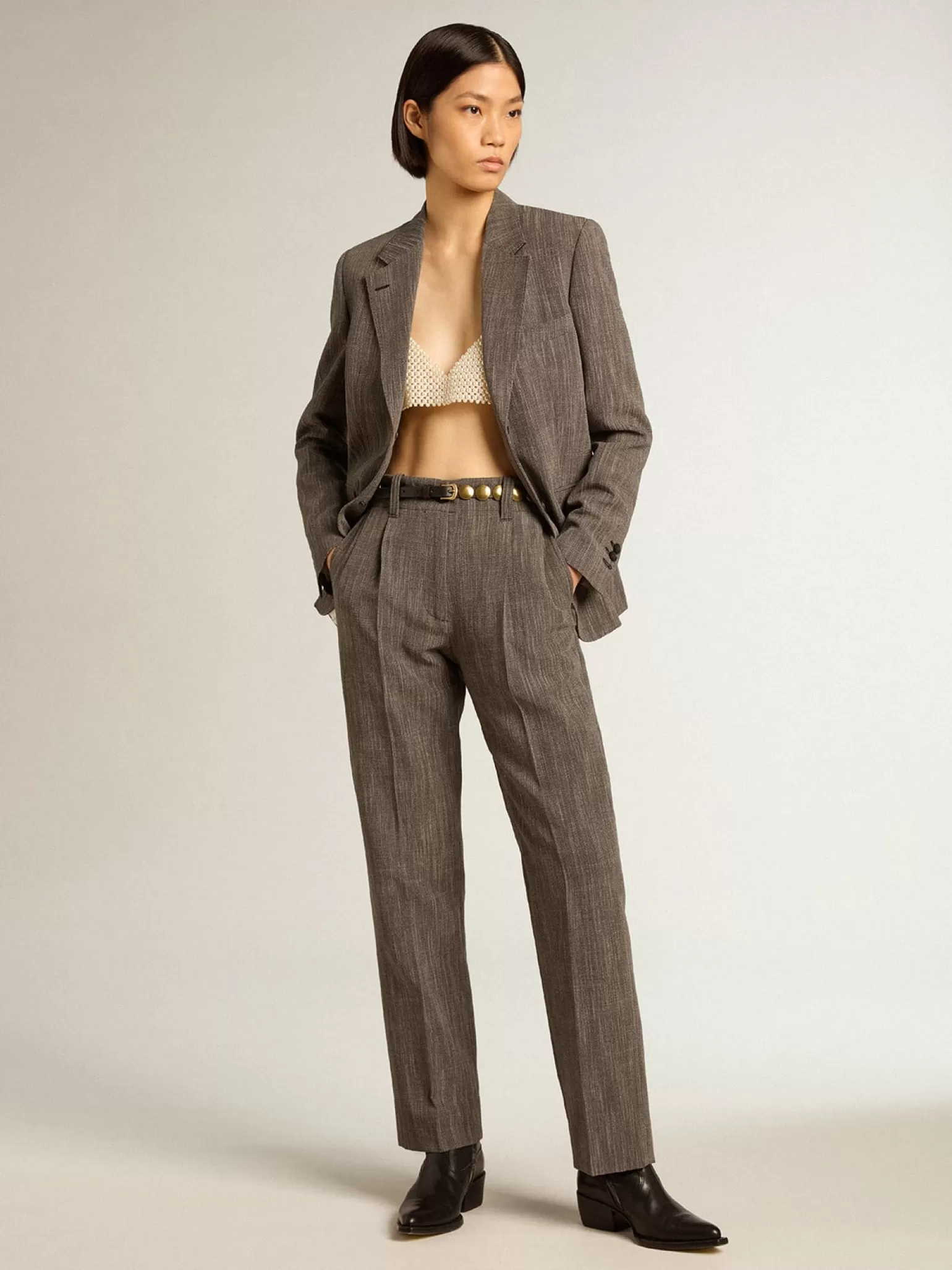 Best Calça de cintura alta feminina em mistura de lã melange cinza MULHER Jeans e calças