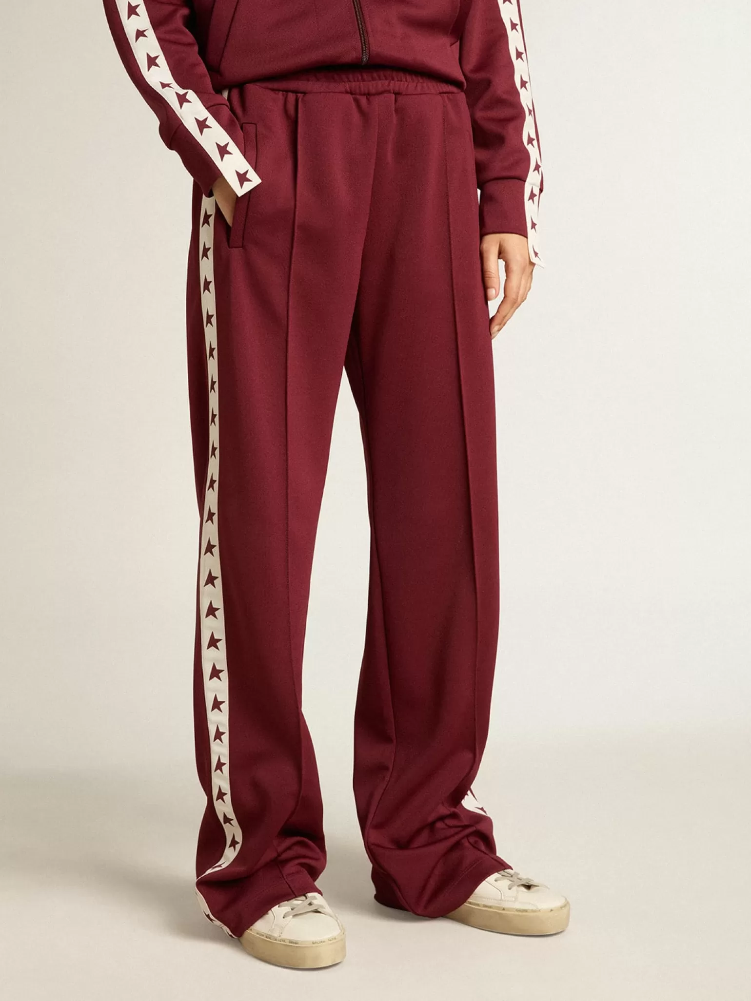 Fashion Calça de jogging feminina bordô com estrelas nas laterais MULHER Jeans e calças