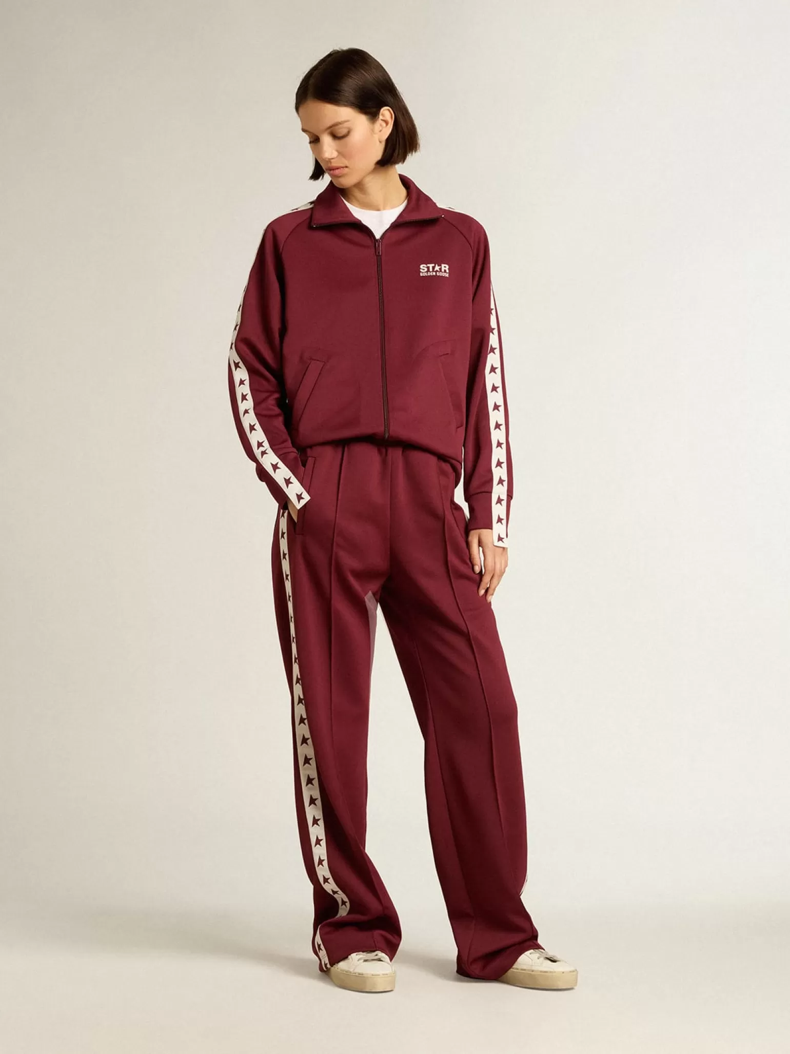 Fashion Calça de jogging feminina bordô com estrelas nas laterais MULHER Jeans e calças