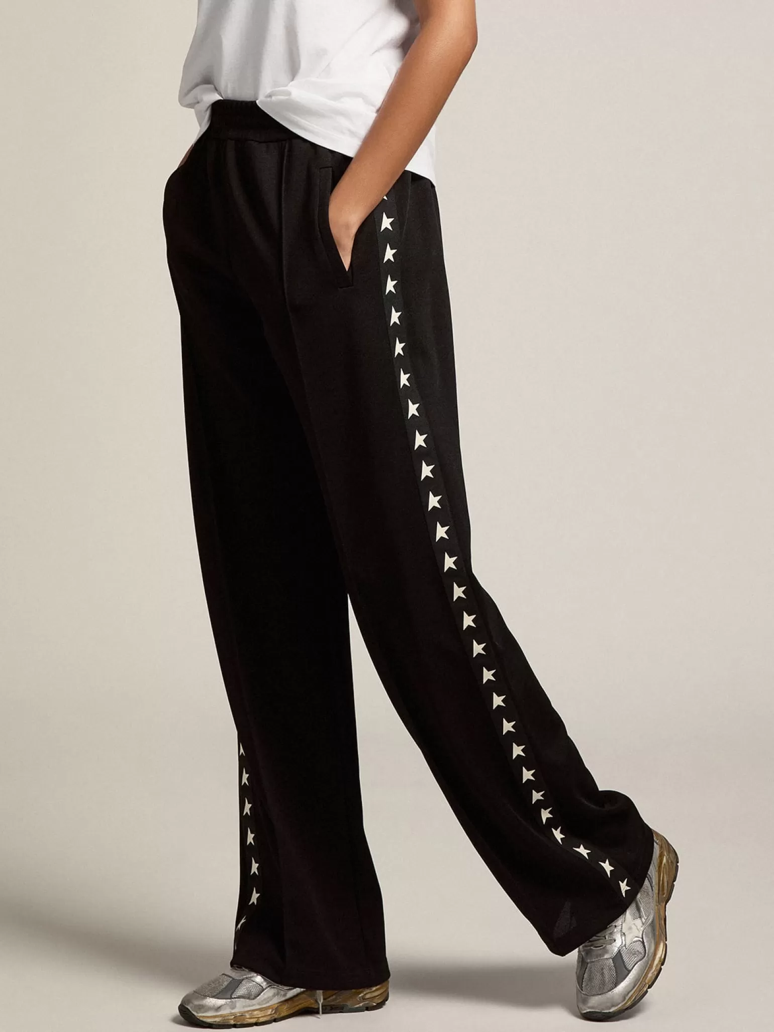 New Calça de jogging feminina preta com estrelas brancas nas laterais MULHER Jeans e calças