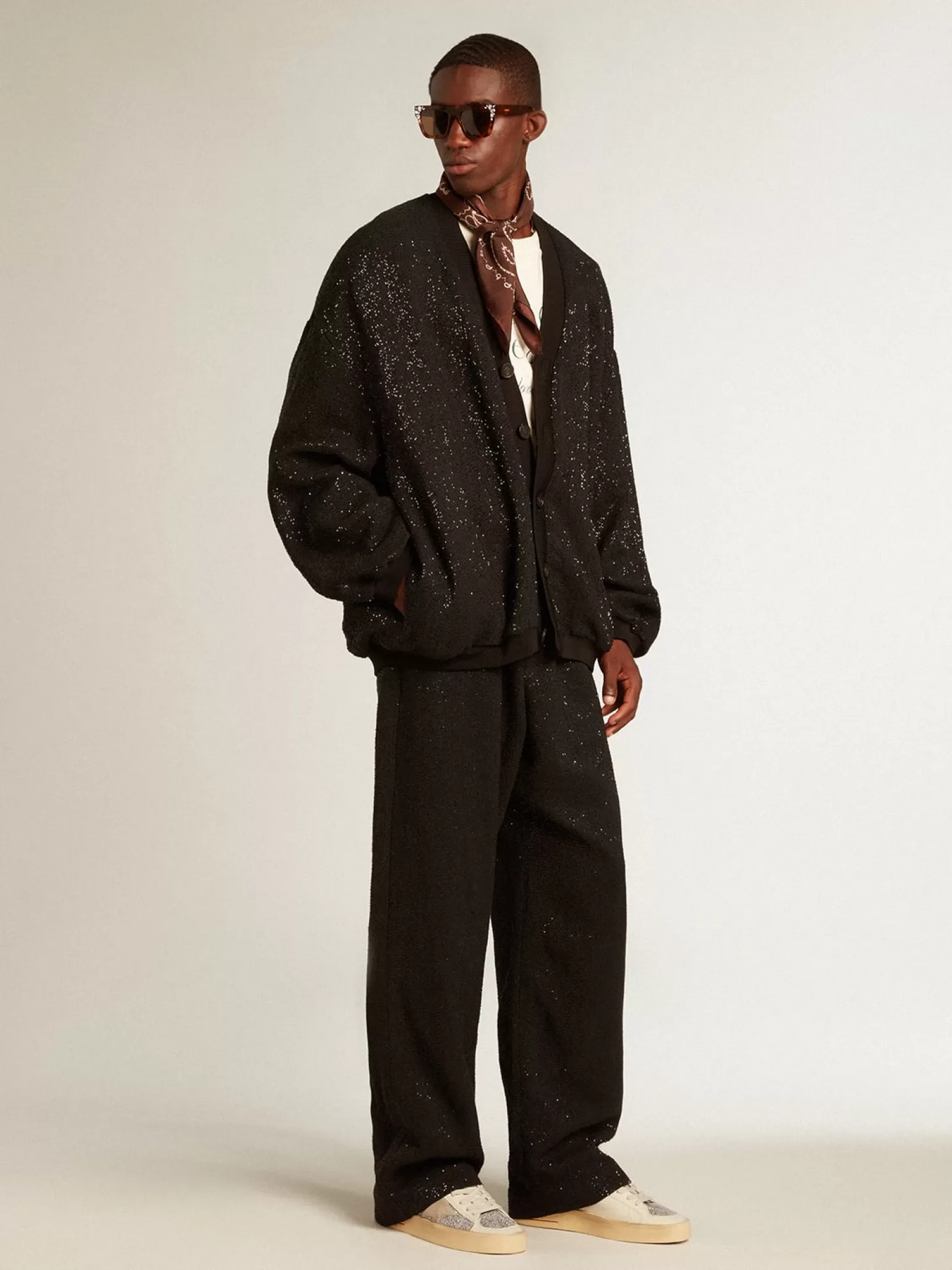 Best Calça de jogging masculina em misto linho preto com lantejoulas Jeans e calças