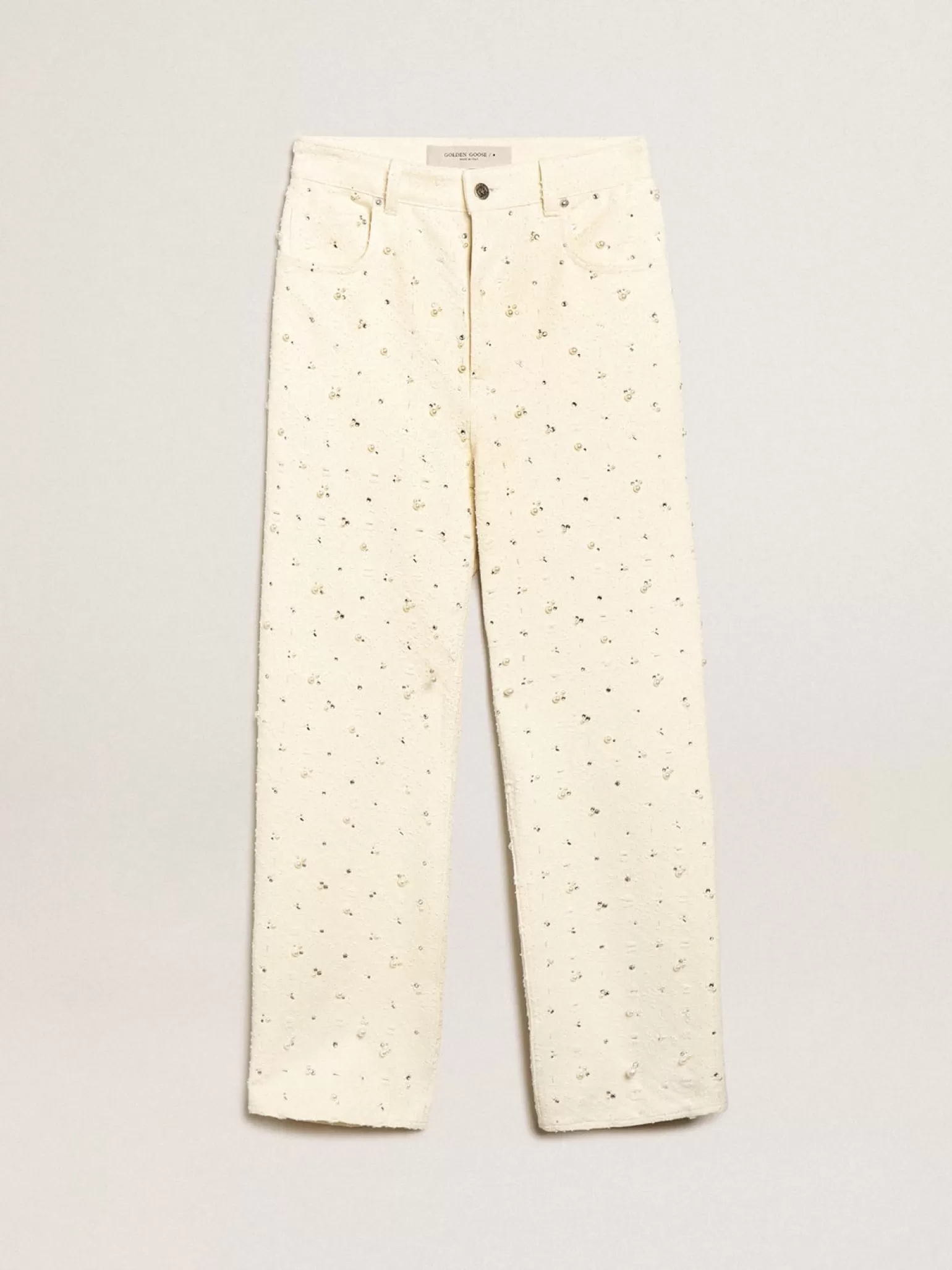 Online Calça jeans Kim Coleção Journey de algodão branco sujo com motivos de losangos e aplicação de pérolas e cristais MULHER Jeans e calças