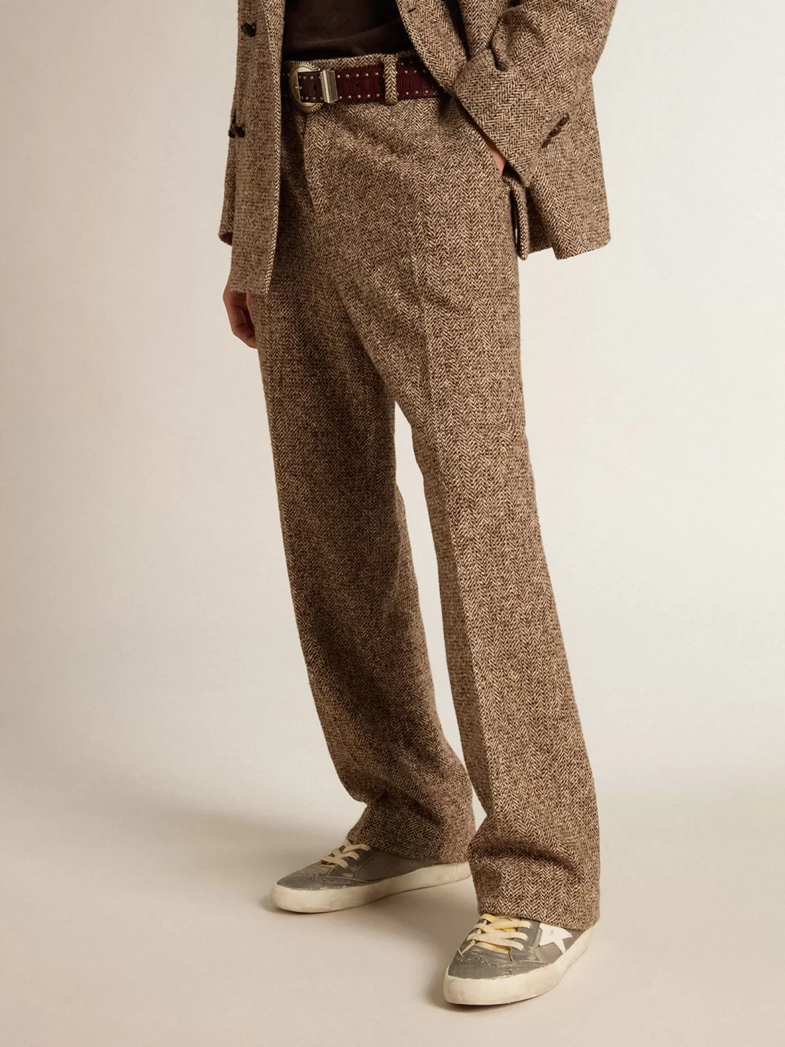 New Calça masculina de misto lã e seda bege e marrom Jeans e calças