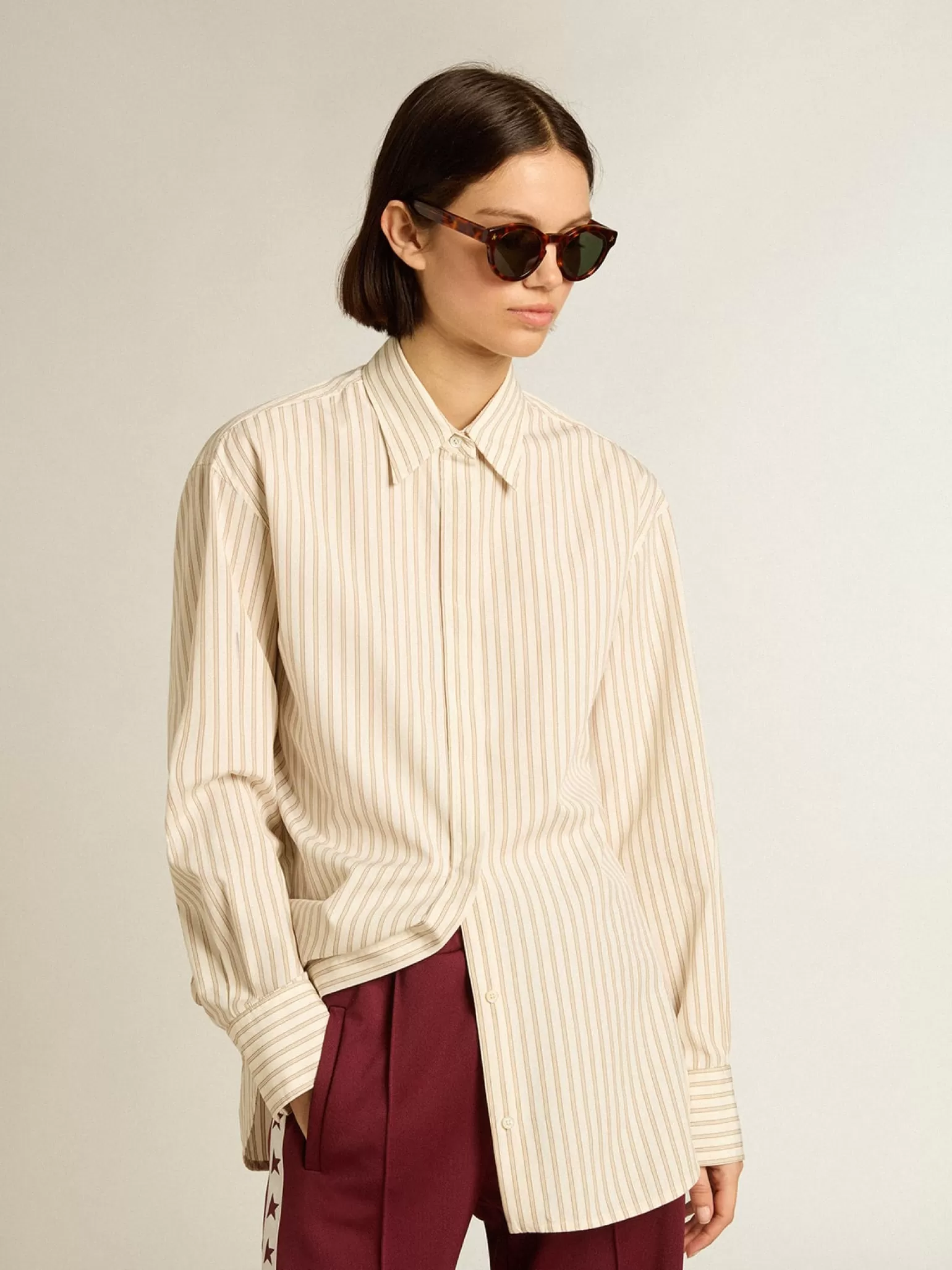 Sale Camisa branca feminina de algodão com estampa de listras bege MULHER Camisas