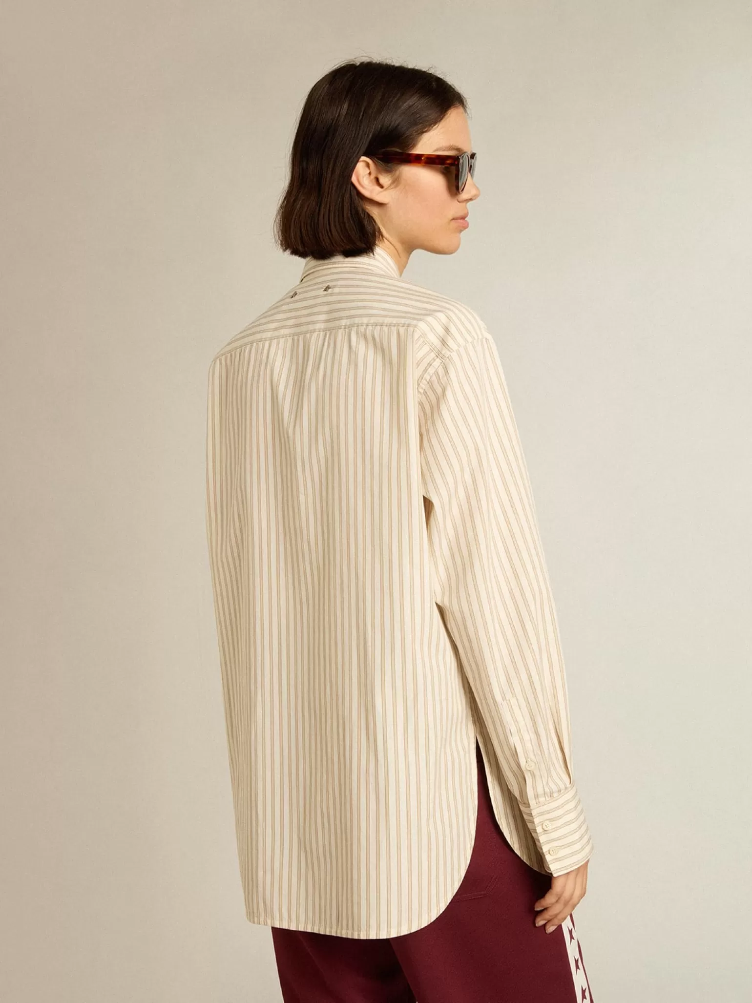 Sale Camisa branca feminina de algodão com estampa de listras bege MULHER Camisas