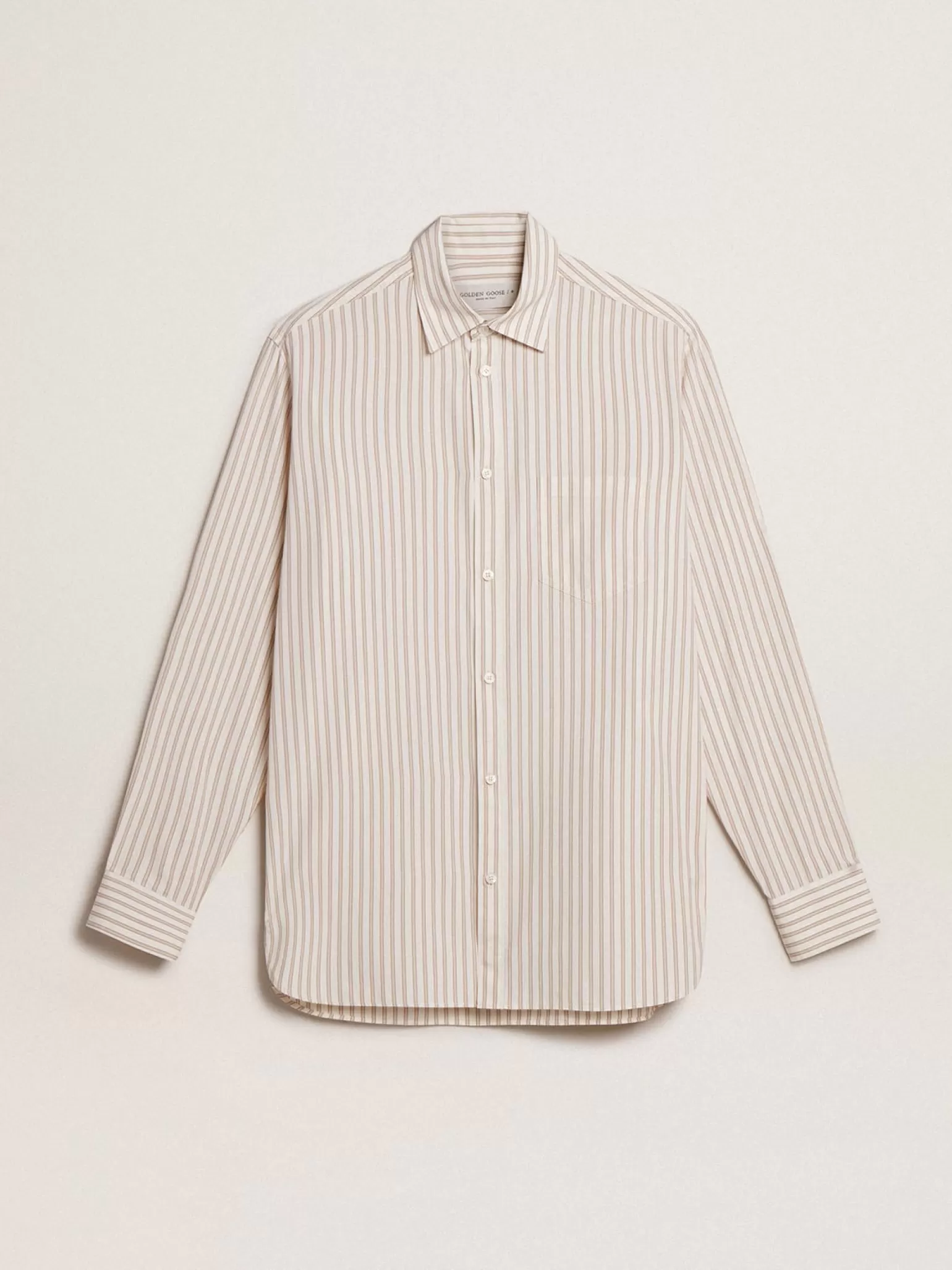 Clearance Camisa branca masculina de algodão com estampa de listras bege Camisas
