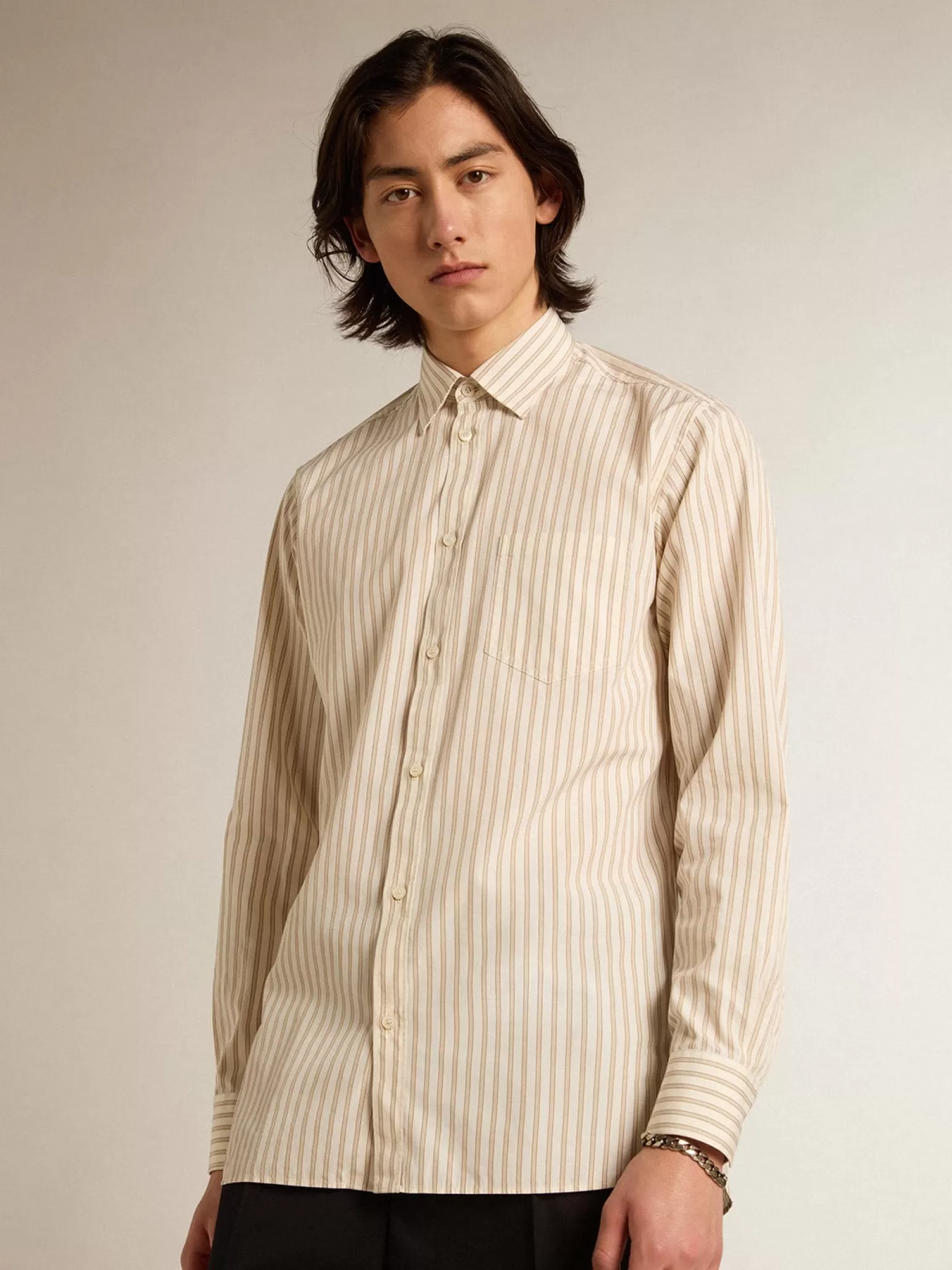 Clearance Camisa branca masculina de algodão com estampa de listras bege Camisas