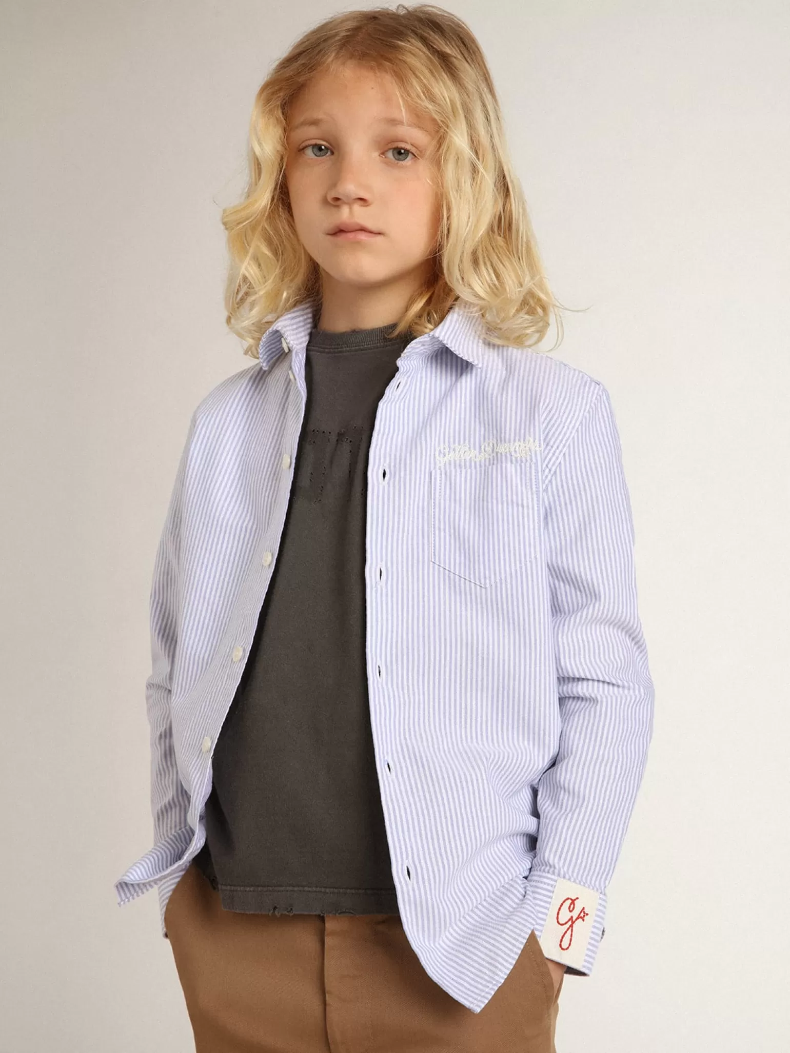 New Camisa infantil masculina com listras azuis Roupas de cima (4-12 years)