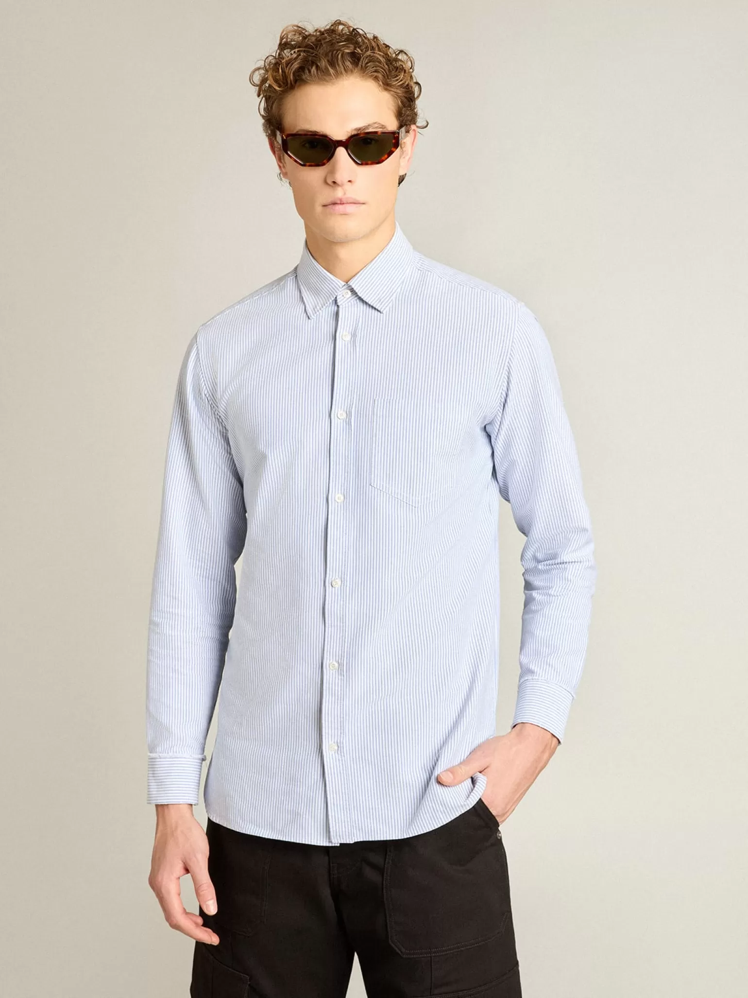 Fashion Camisa masculina com listras finas Camisas