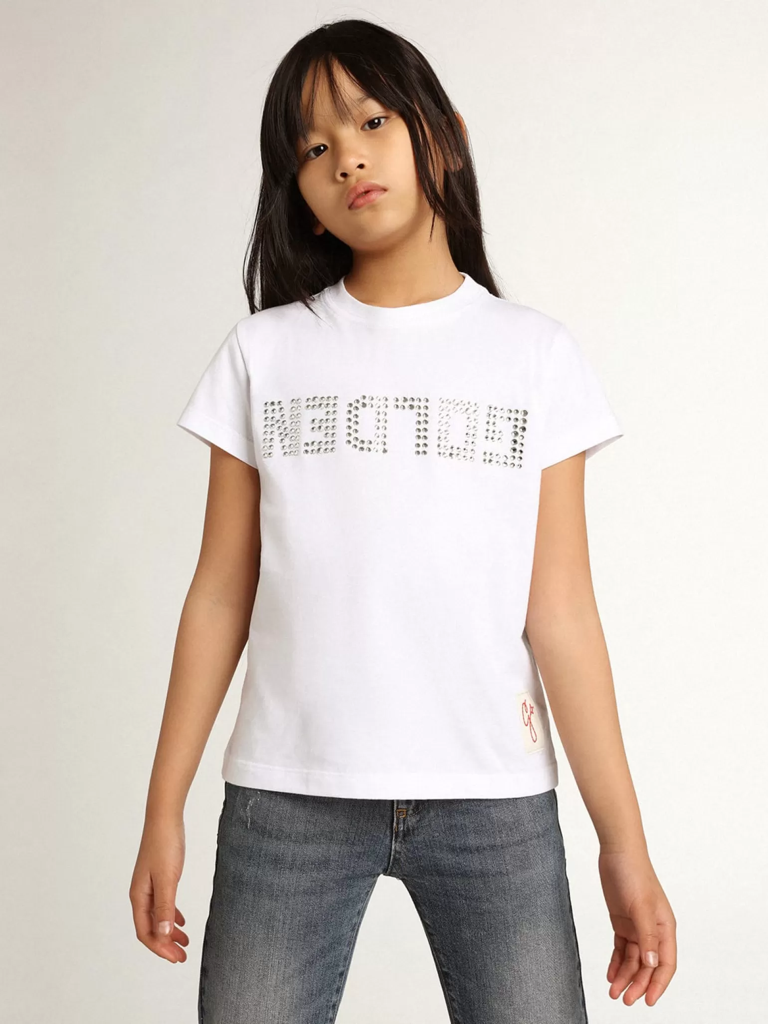 Best Camiseta branca com a palavra Golden em cristais no centro Roupas de cima (4-12 years)