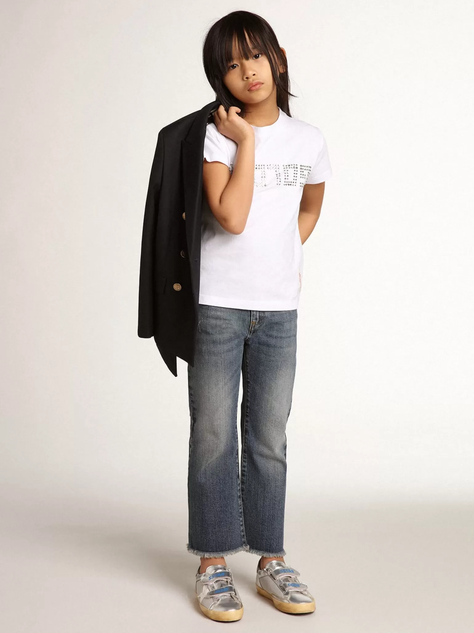Best Camiseta branca com a palavra Golden em cristais no centro Roupas de cima (4-12 years)