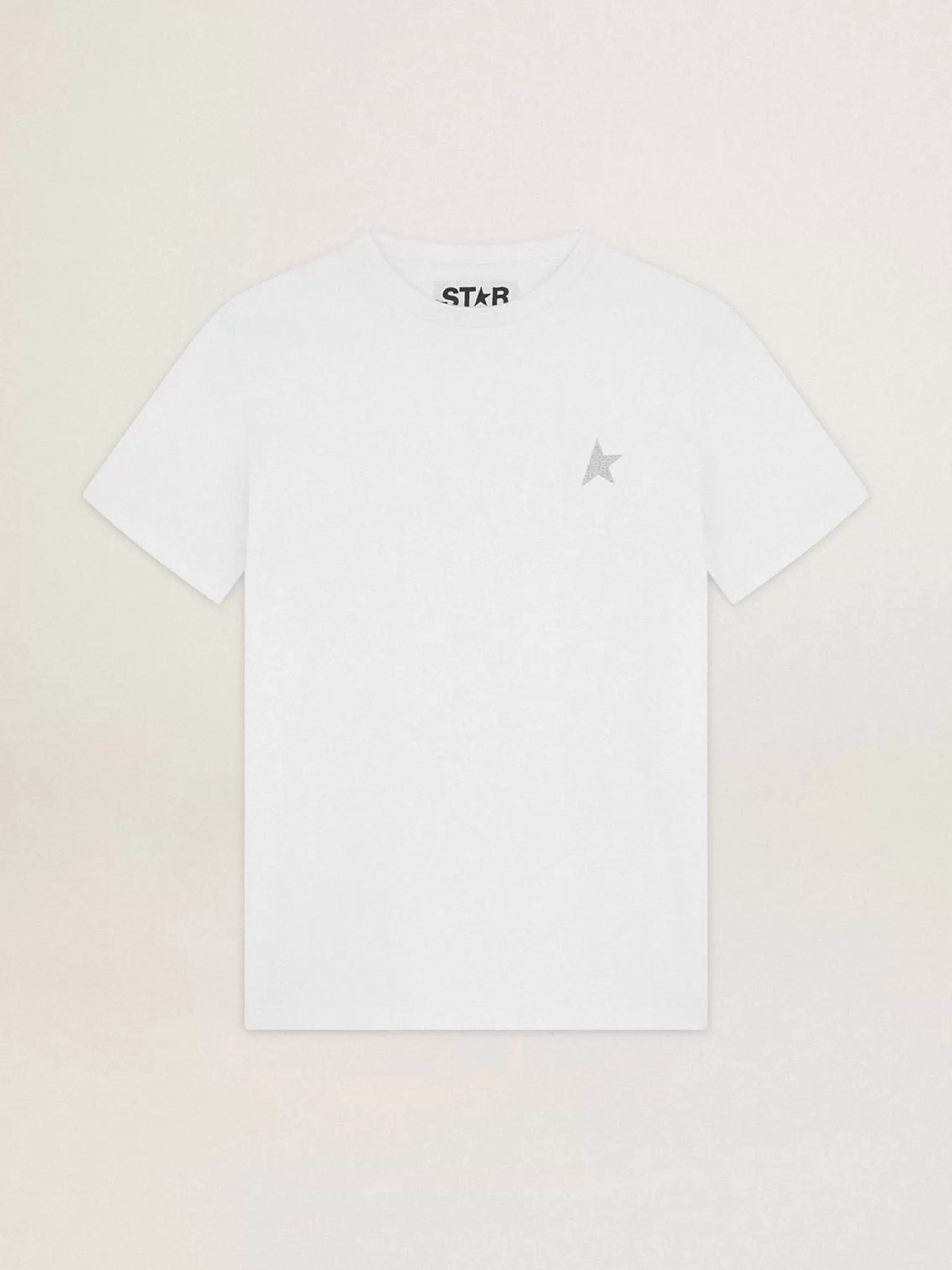 Discount Camiseta feminina branca com estrela de glitter prateado na frente MULHER Camisetas