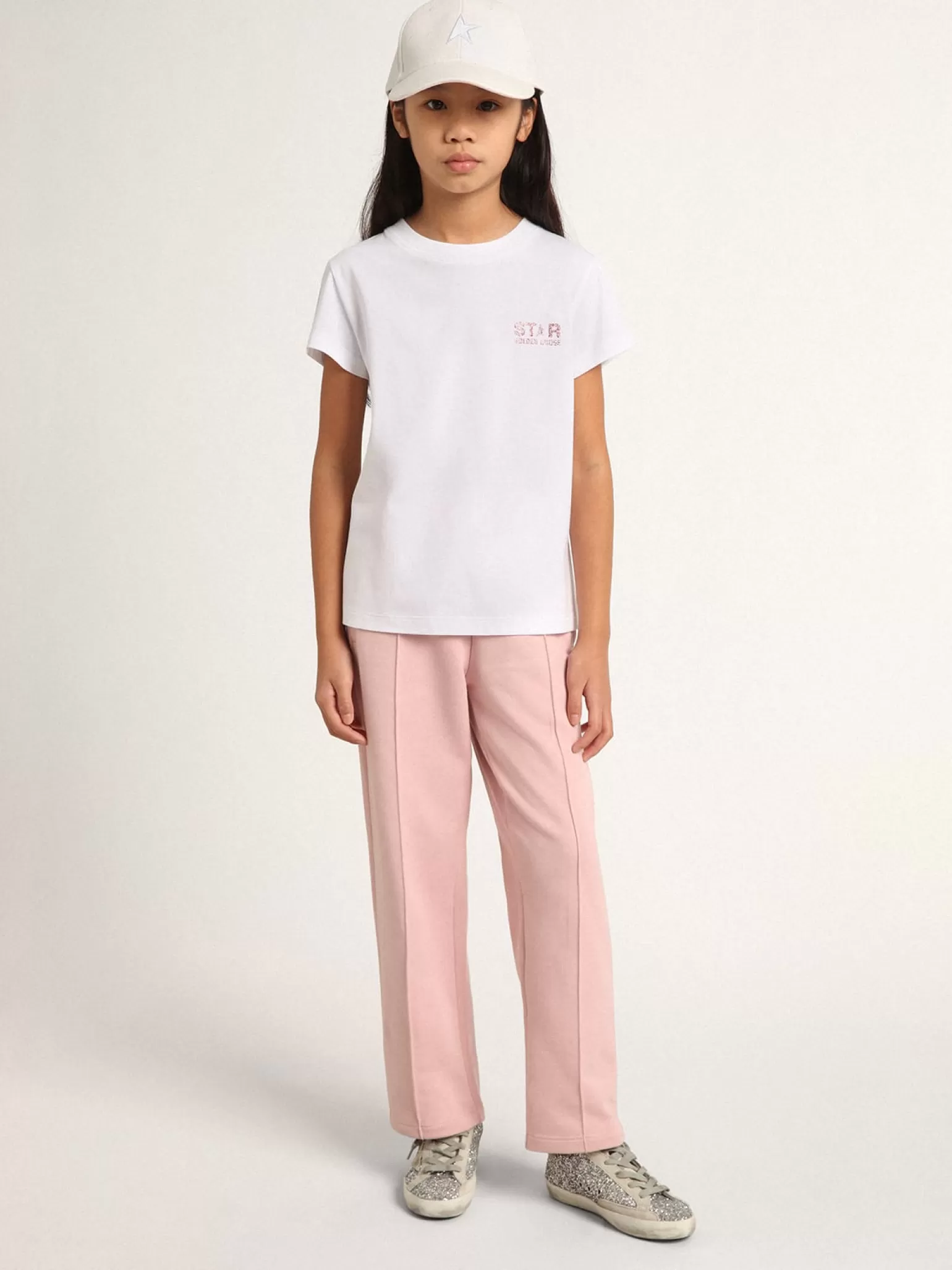 Best Camiseta infantil feminina branca com logo e maxi estrela de glitter rosa Roupas de cima (4-12 years)