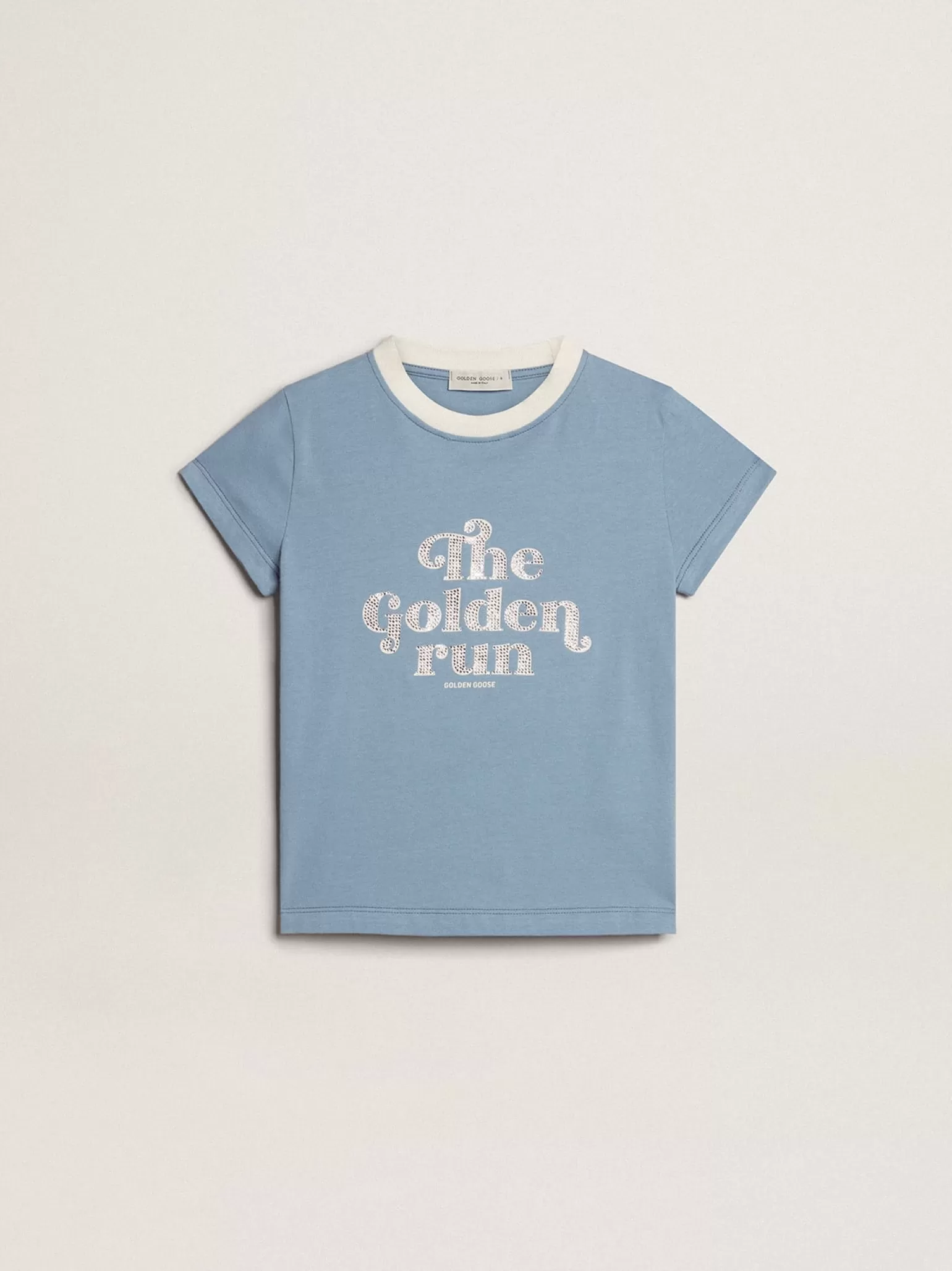 Fashion Camiseta infantil feminina de algodão azul com estampa com cristais Roupas de cima (4-12 years)