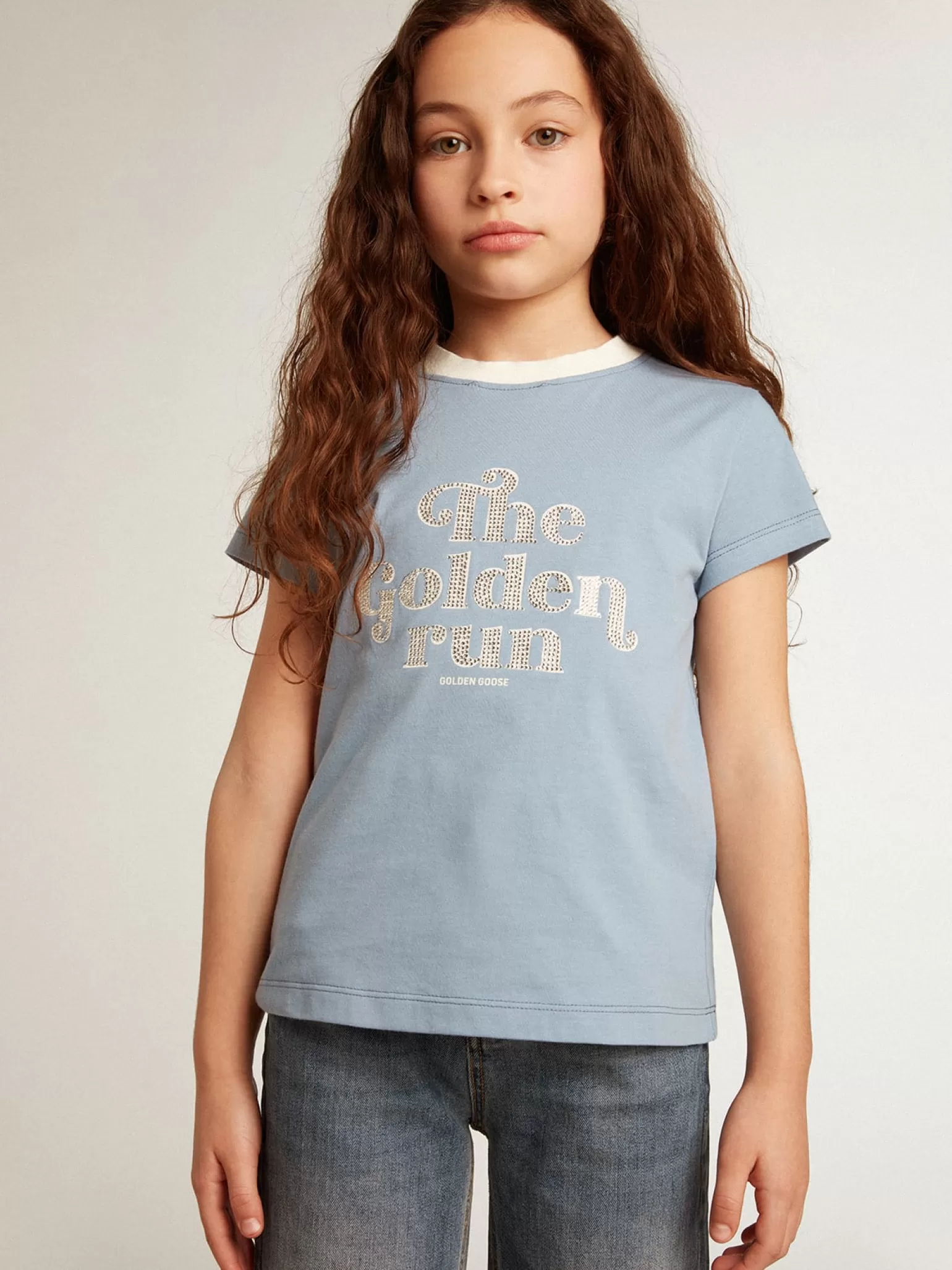 Fashion Camiseta infantil feminina de algodão azul com estampa com cristais Roupas de cima (4-12 years)