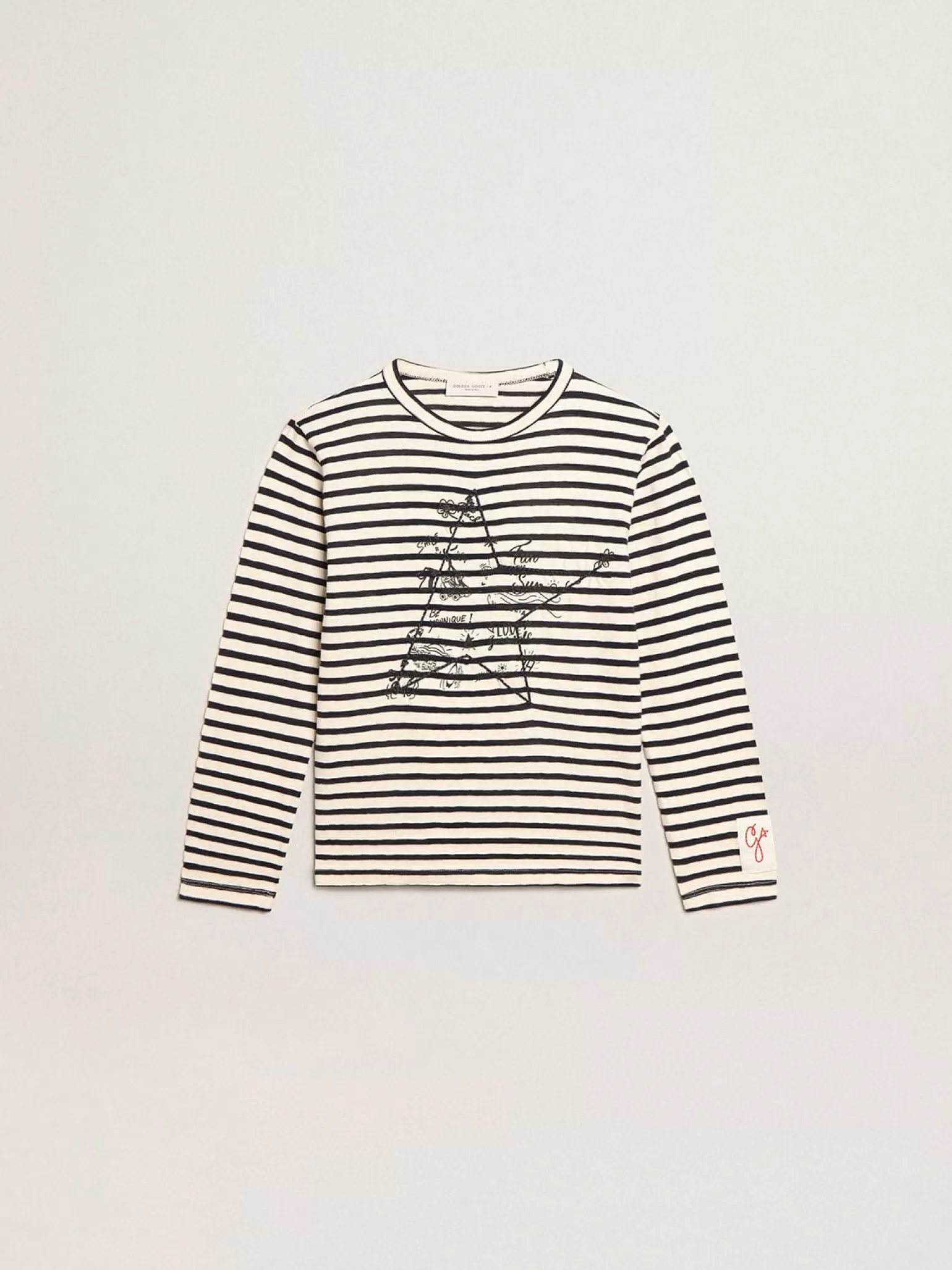 Flash Sale Camiseta infantil masculina com listras brancas e azuis e bordado Roupas de cima (4-12 years)