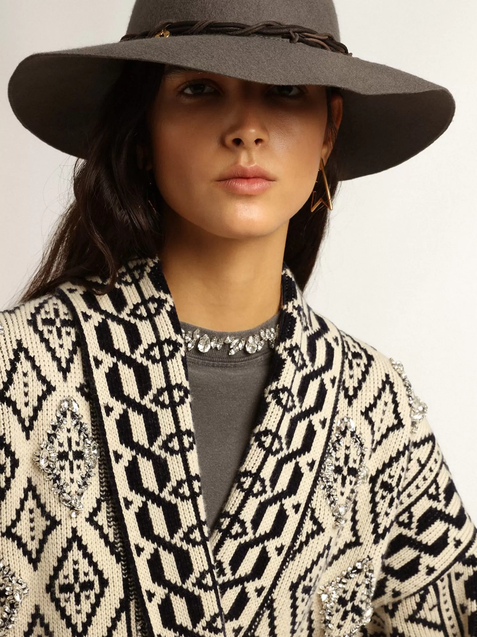 Best Sale Cardigã cor de papiro de lã com motivo jacquard e cristais MULHER Malhas