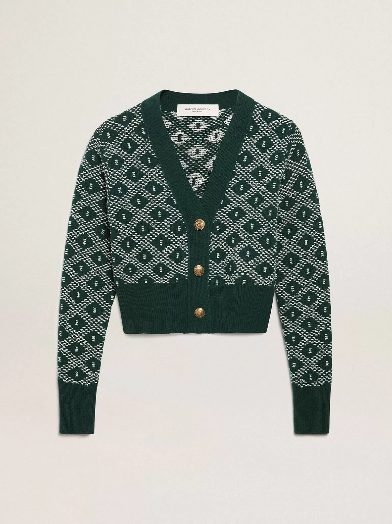 Cheap Cardigã cropped feminino com jacquard em losangos verde e branco MULHER Malhas
