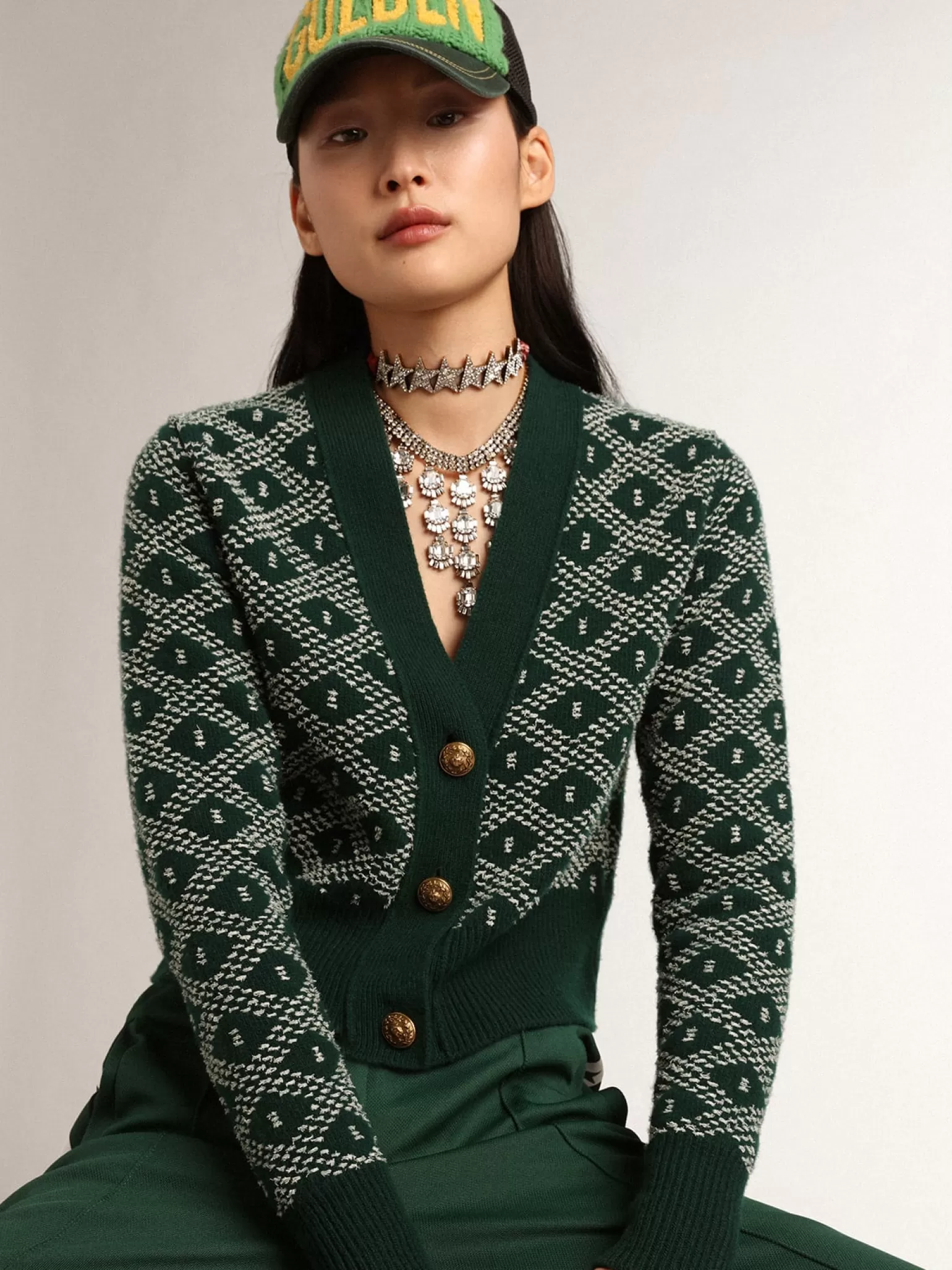 Cheap Cardigã cropped feminino com jacquard em losangos verde e branco MULHER Malhas
