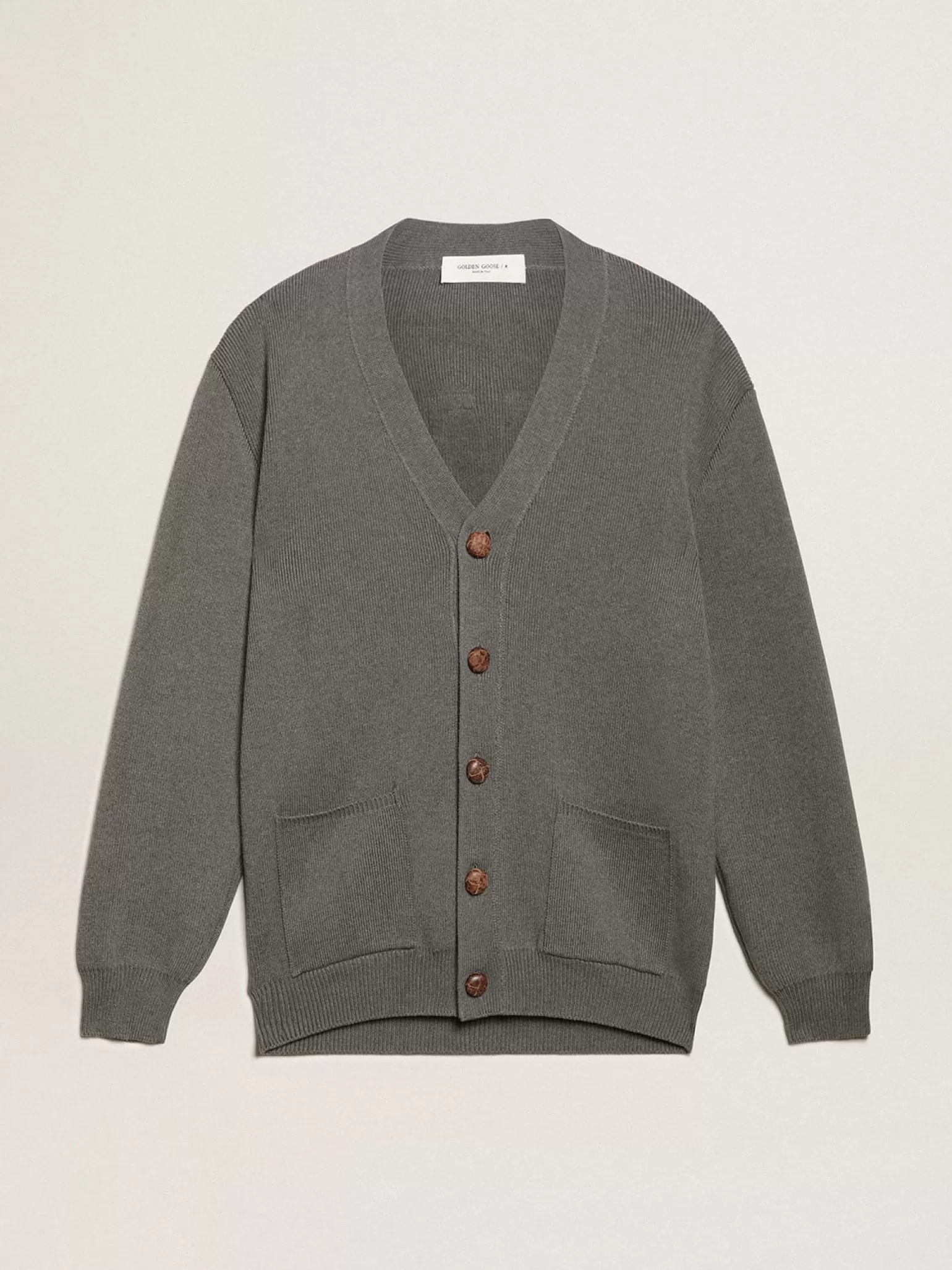 New Cardigã feminino de algodão cinza mescla com logo nas costas MULHER Malhas