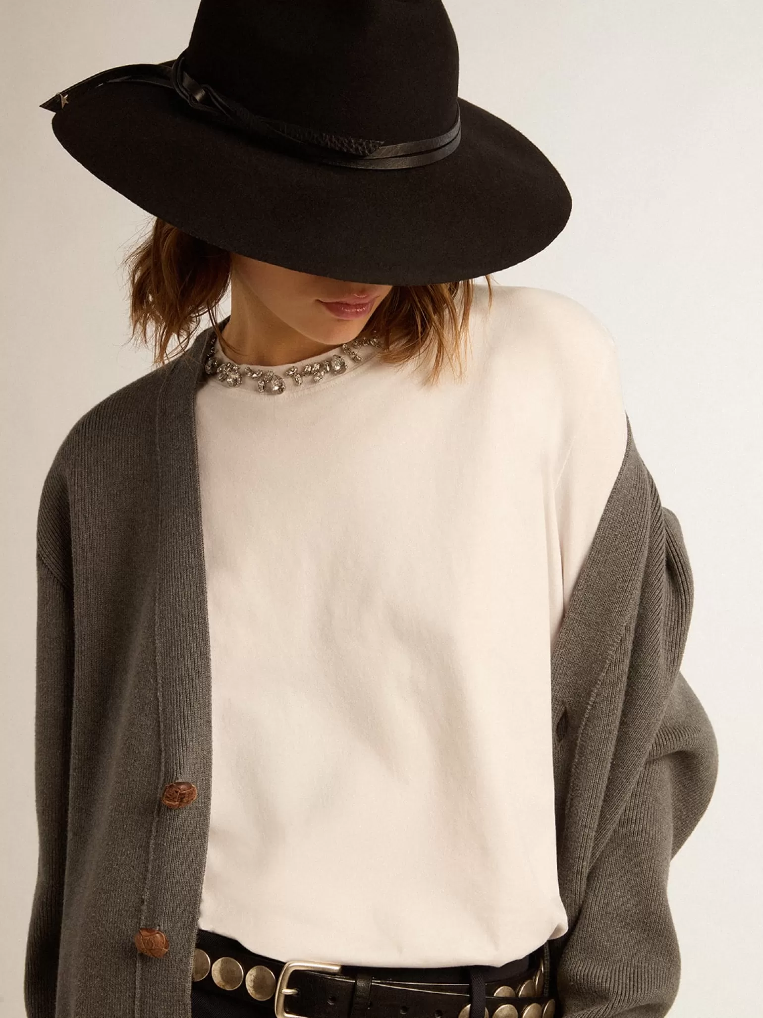 New Cardigã feminino de algodão cinza mescla com logo nas costas MULHER Malhas