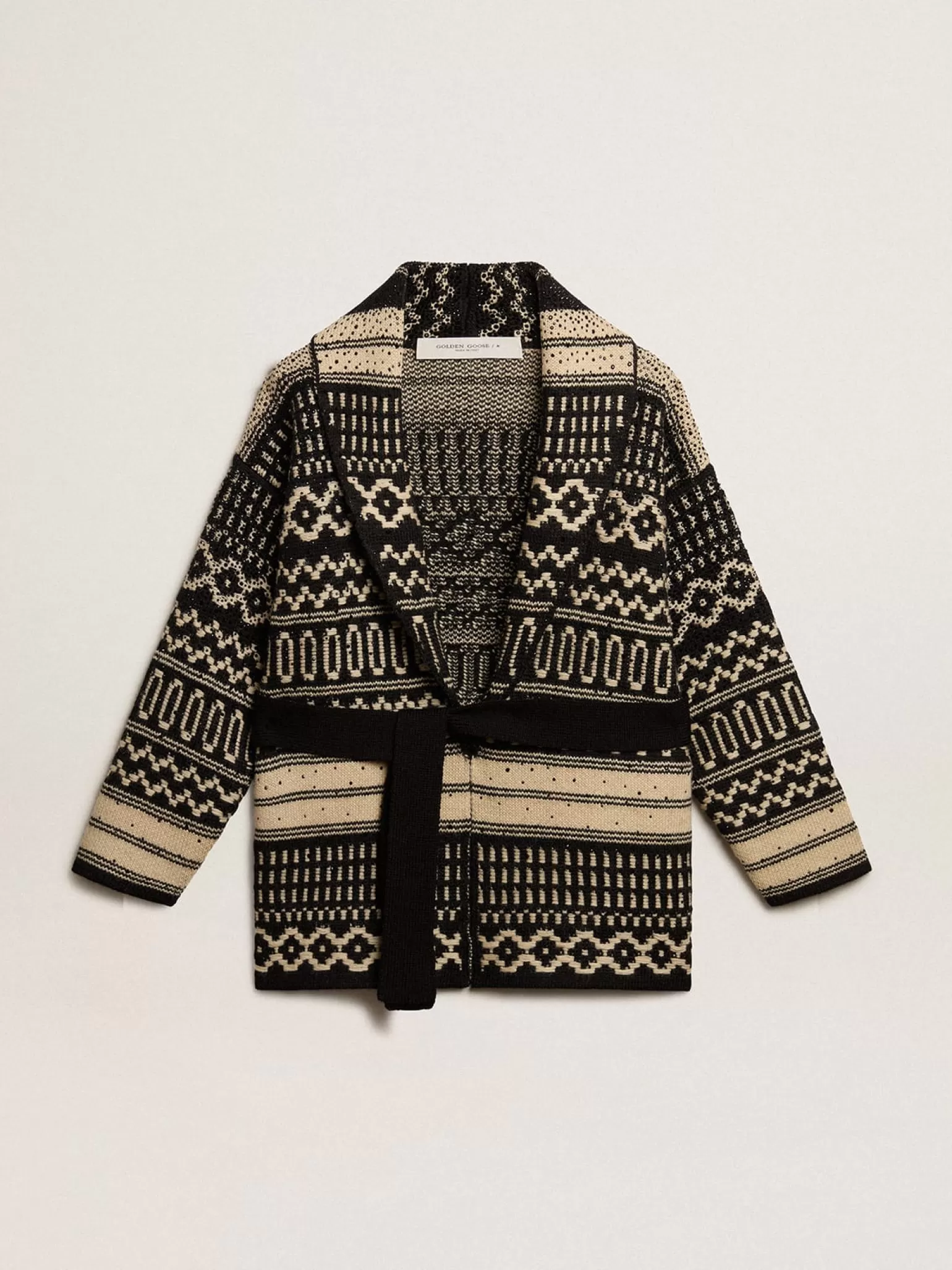 Flash Sale Cardigã feminino de lã na cor cru com padrão jacquard e cinto MULHER Malhas