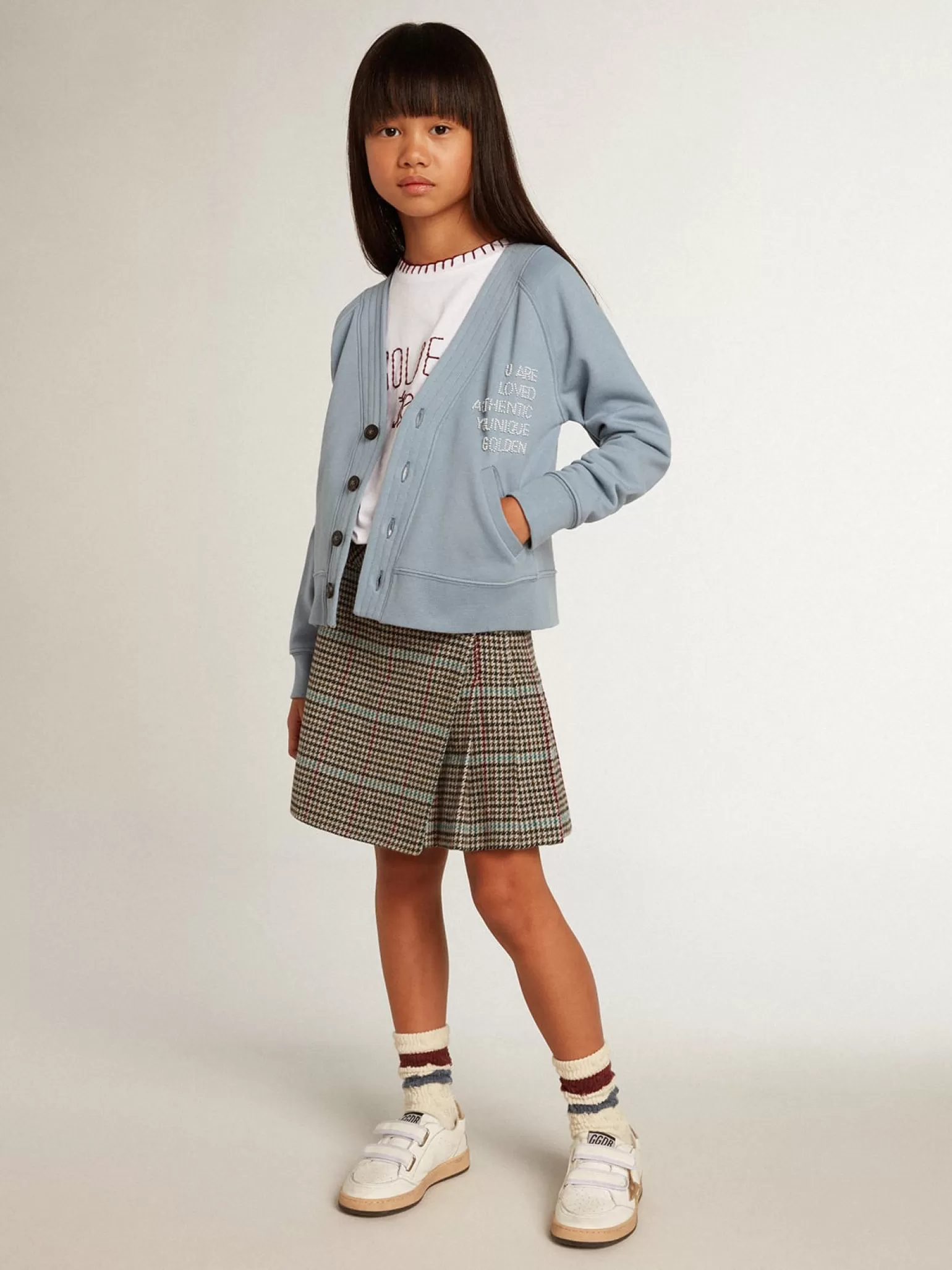 Online Cardigã infantil feminino de algodão azul com escrita de miçangas Roupas de cima (4-12 years)