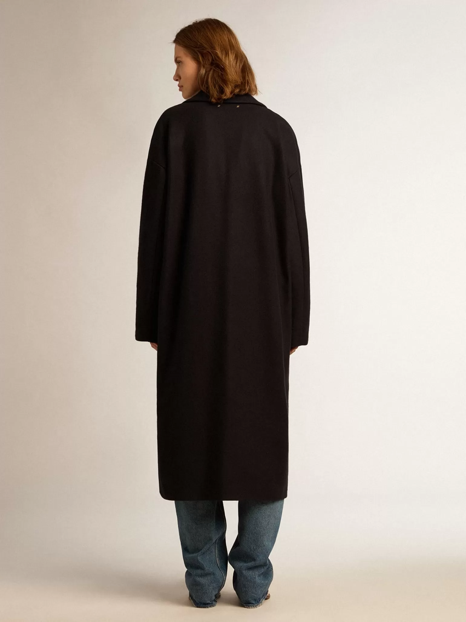 Store Casaco feminino de abotoamento simples tipo cocoon de lã azul-escuro com botões dourados MULHER Casacos e blusões