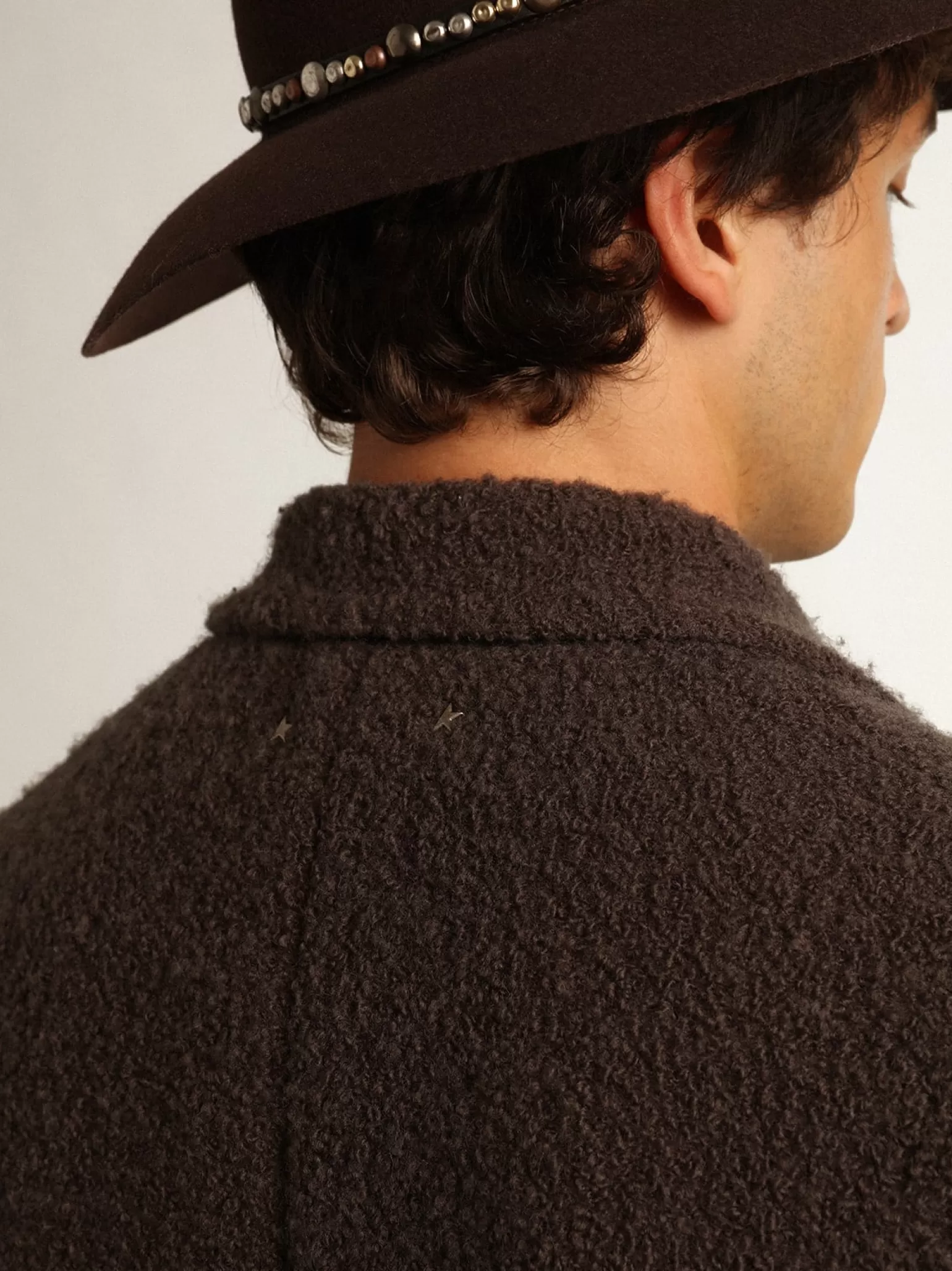 New Casaco masculino de abotoamento duplo de lã buclé cor alcaçuz Casacos e blusões