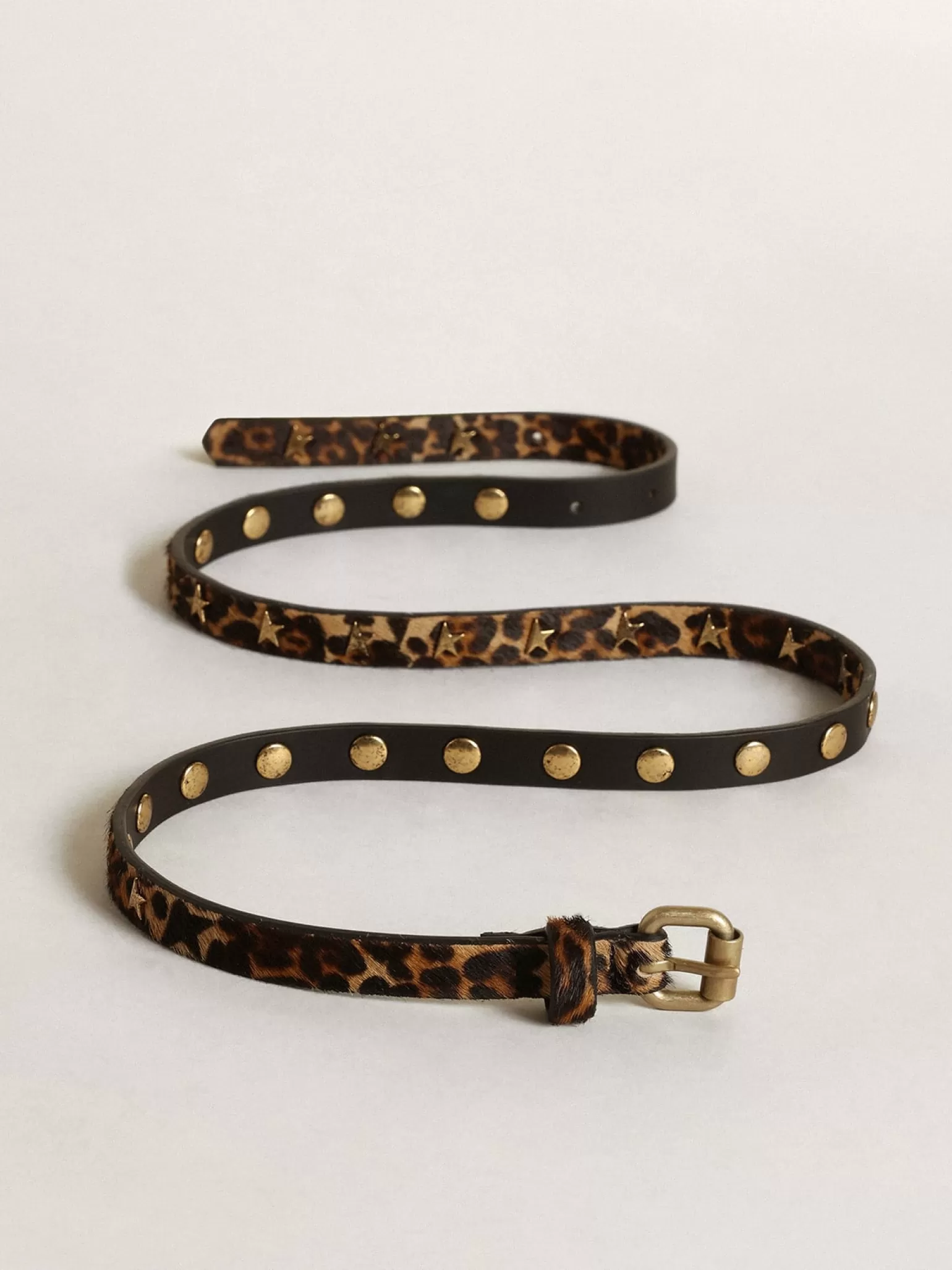 Online Cinto feminino de couro cavalinho leopardo preto e marrom com tachas MULHER Cintos
