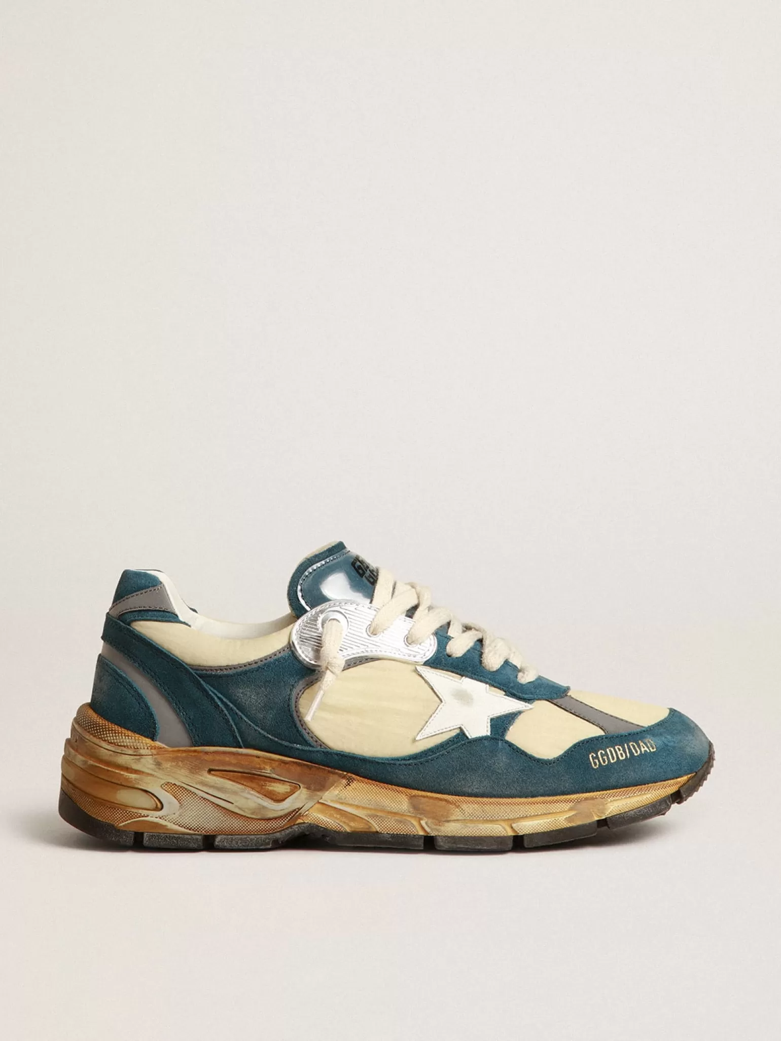 Fashion Dad-Star Feminino de suede azul petróleo, estrela de couro branco MULHER Dad-Star