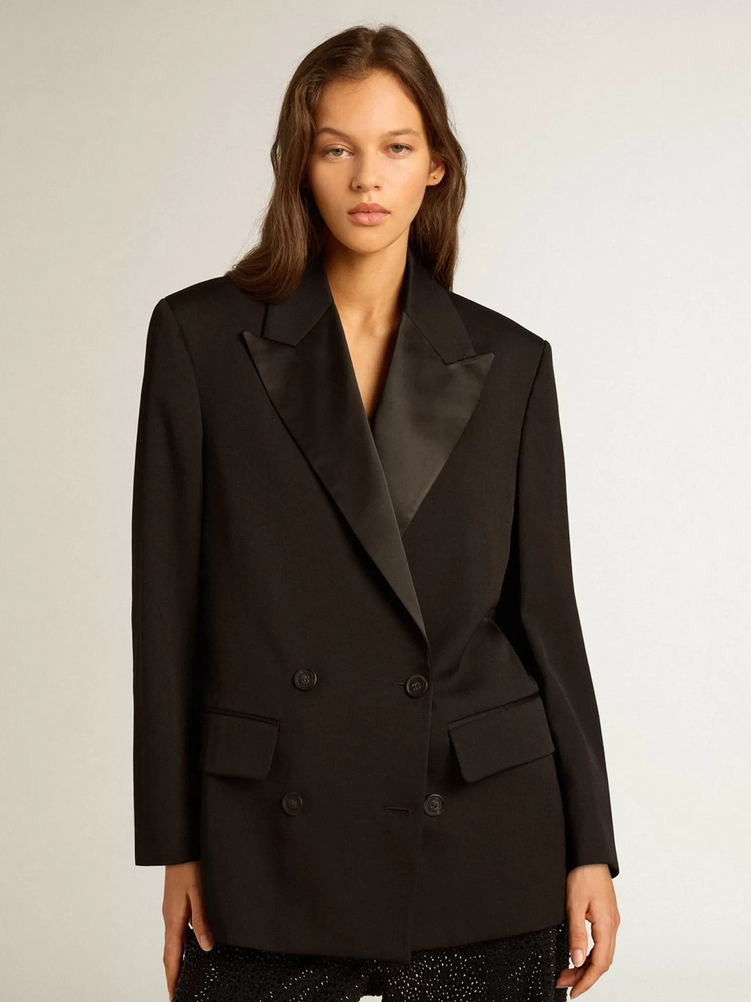 Shop Jaqueta smoking feminina em gabardine de lã preta MULHER Blazers