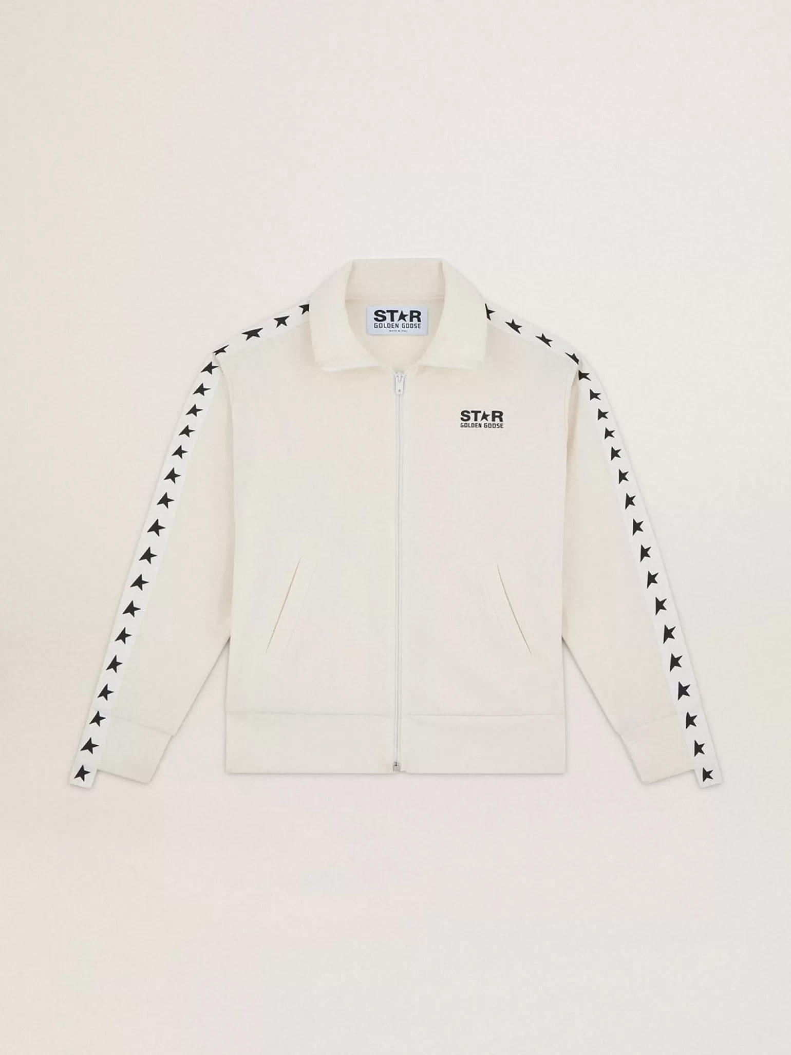 Flash Sale Moletom com zíper feminino branco com faixa branca e estrelas pretas MULHER Moletons