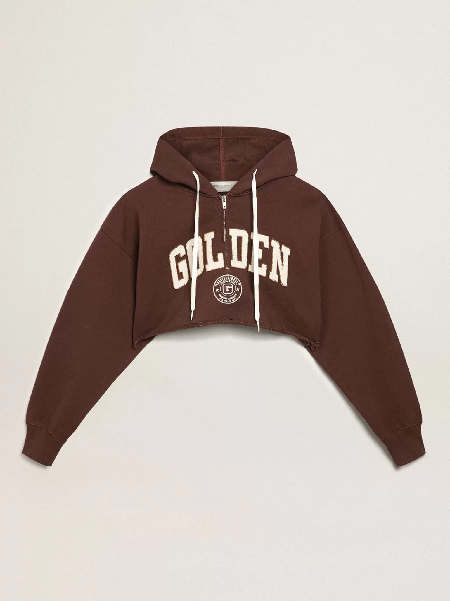 Sale Moletom cropped com capuz Coleção Journey na cor marrom castanha com inscrição Golden branca em contraste MULHER Moletons